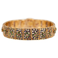 Vintage Handmade 18K Yellow Gold Ruby Flower Blue & Green Enamel Link Bracelet