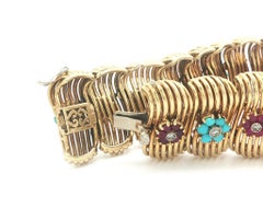 Vintage Handmade 18k Yellow Gold Turquoise Ruby & Diamond Cluster Wide Bracelet