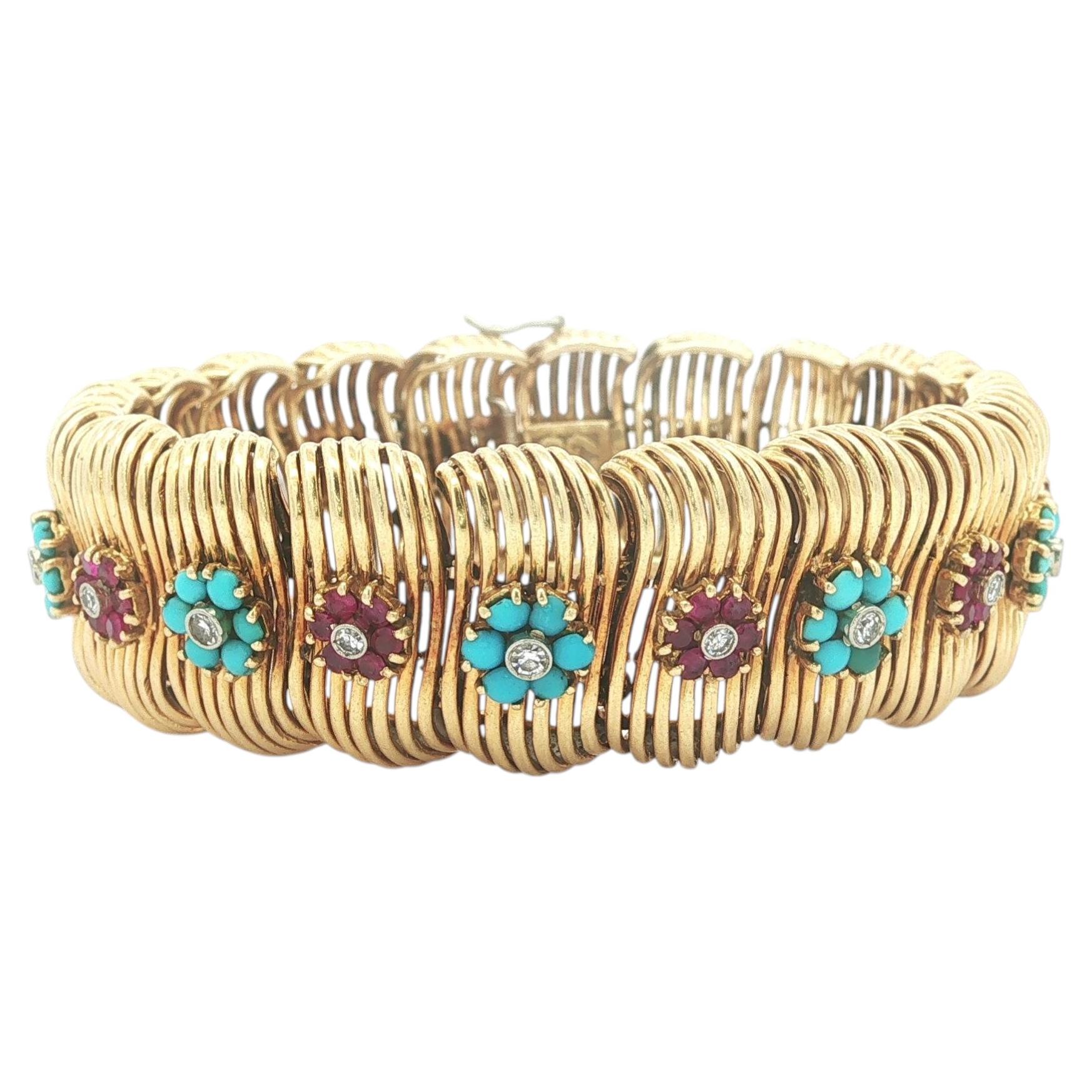 Vintage Handmade 18k Yellow Gold Turquoise Ruby & Diamond Cluster Wide Bracelet