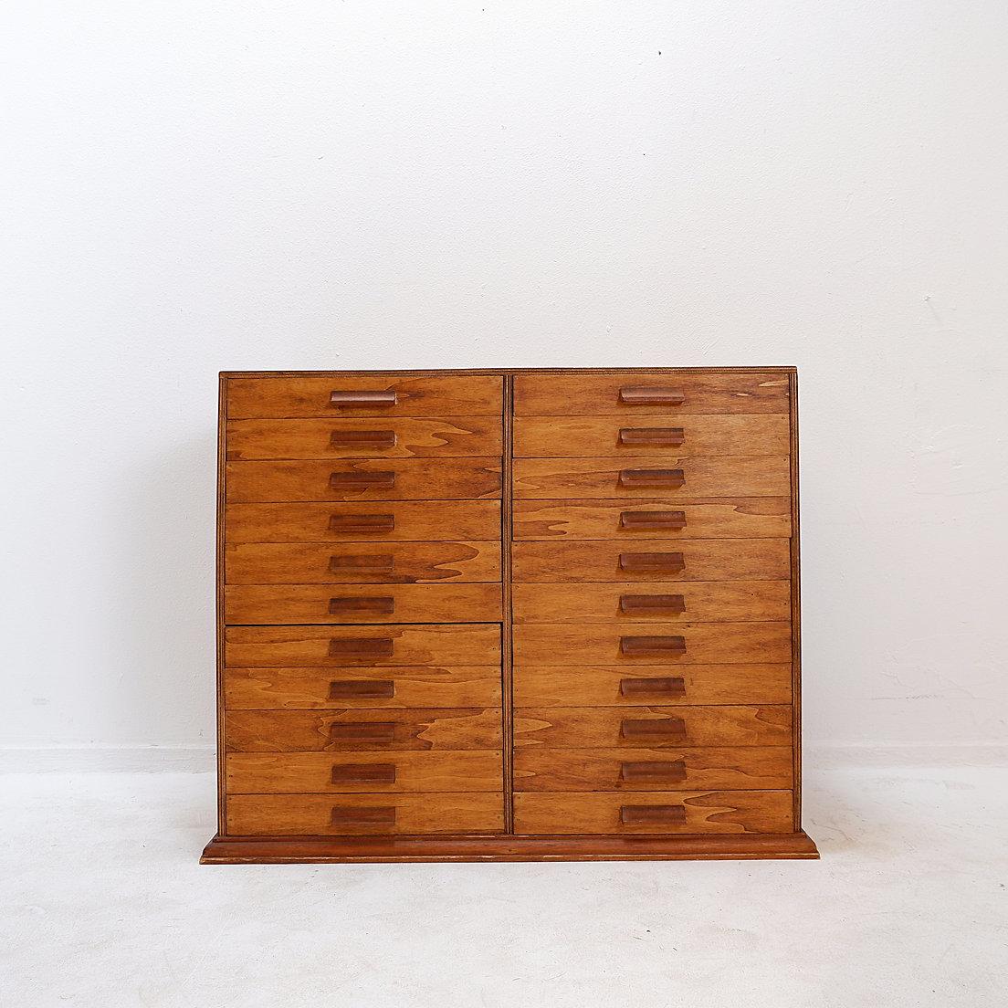 Mid-Century Modern Vintage handmade 22 Drawer Wooden Flat File Cabinet For Sale
