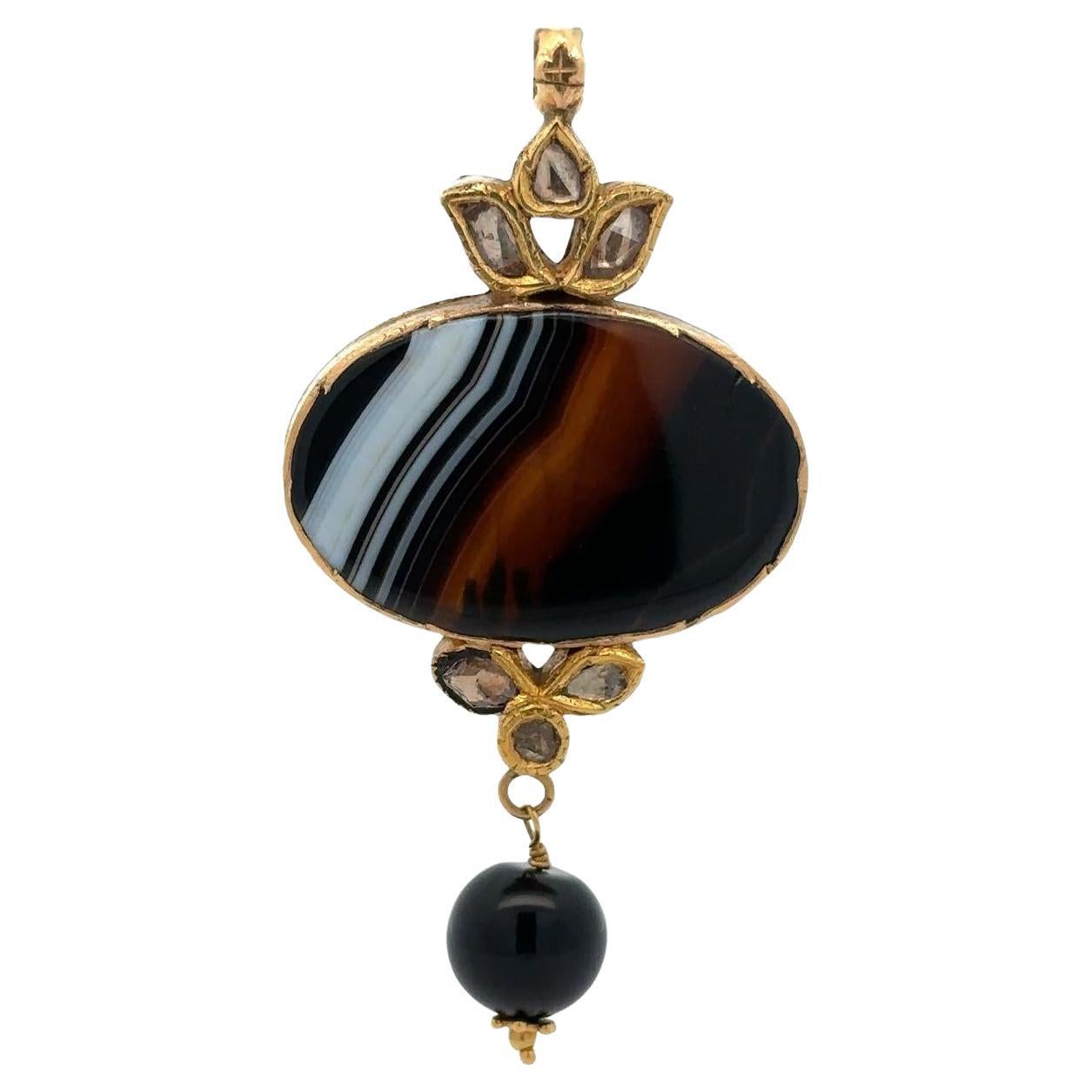 Vintage Handmade 22k Yellow Gold Banded Agate w/ Diamond Accents Large Pendant