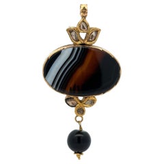 Vintage Handmade 22k Yellow Gold Banded Agate w/ Diamond Accents Large Pendant