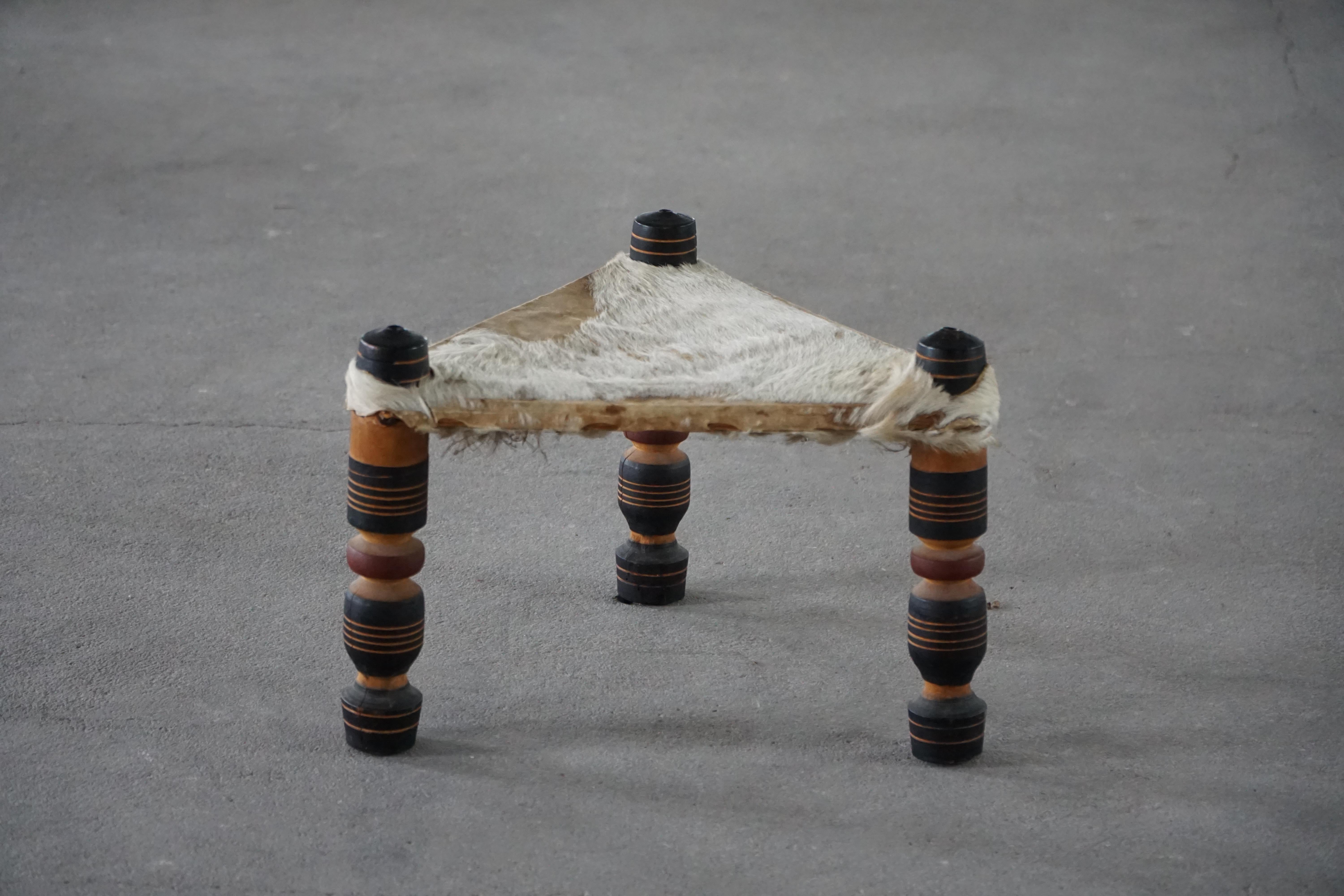 North African Vintage Handmade African Stool, 3-Legged Triangular Form, Cowhide, 20th Century For Sale