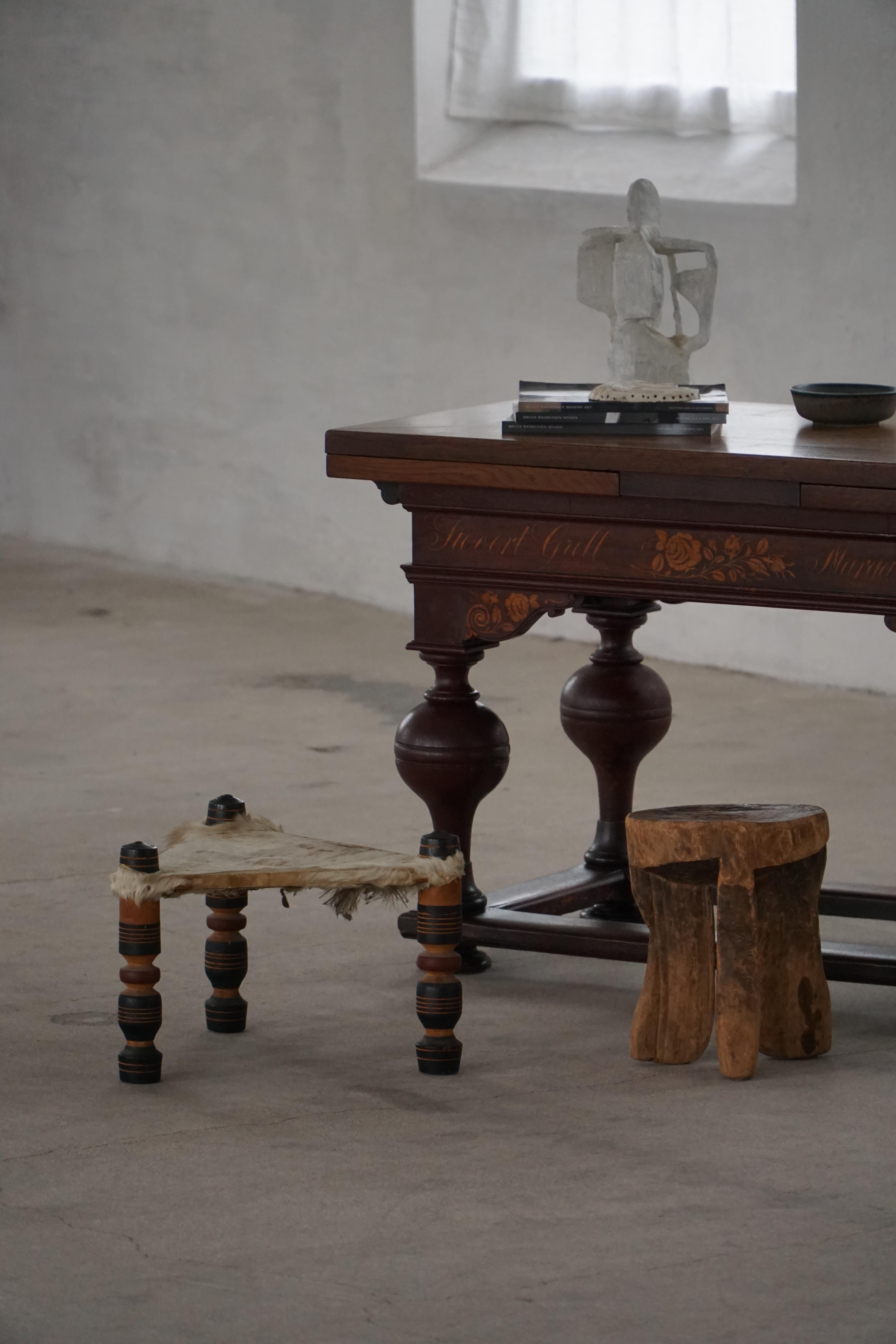 Hand-Carved Vintage Handmade African Stool, 3-Legged Triangular Form, Cowhide, 20th Century For Sale