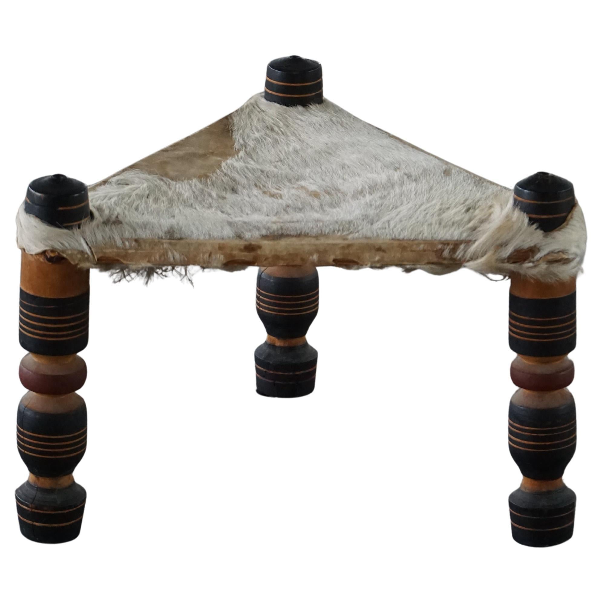 Vintage Handmade African Stool, 3-Legged Triangular Form, Cowhide, 20th Century For Sale