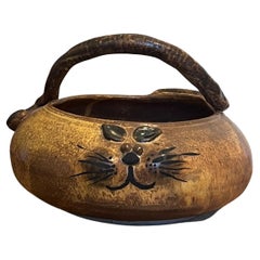 Vintage Handmade and signed Cat Bowl with handle.