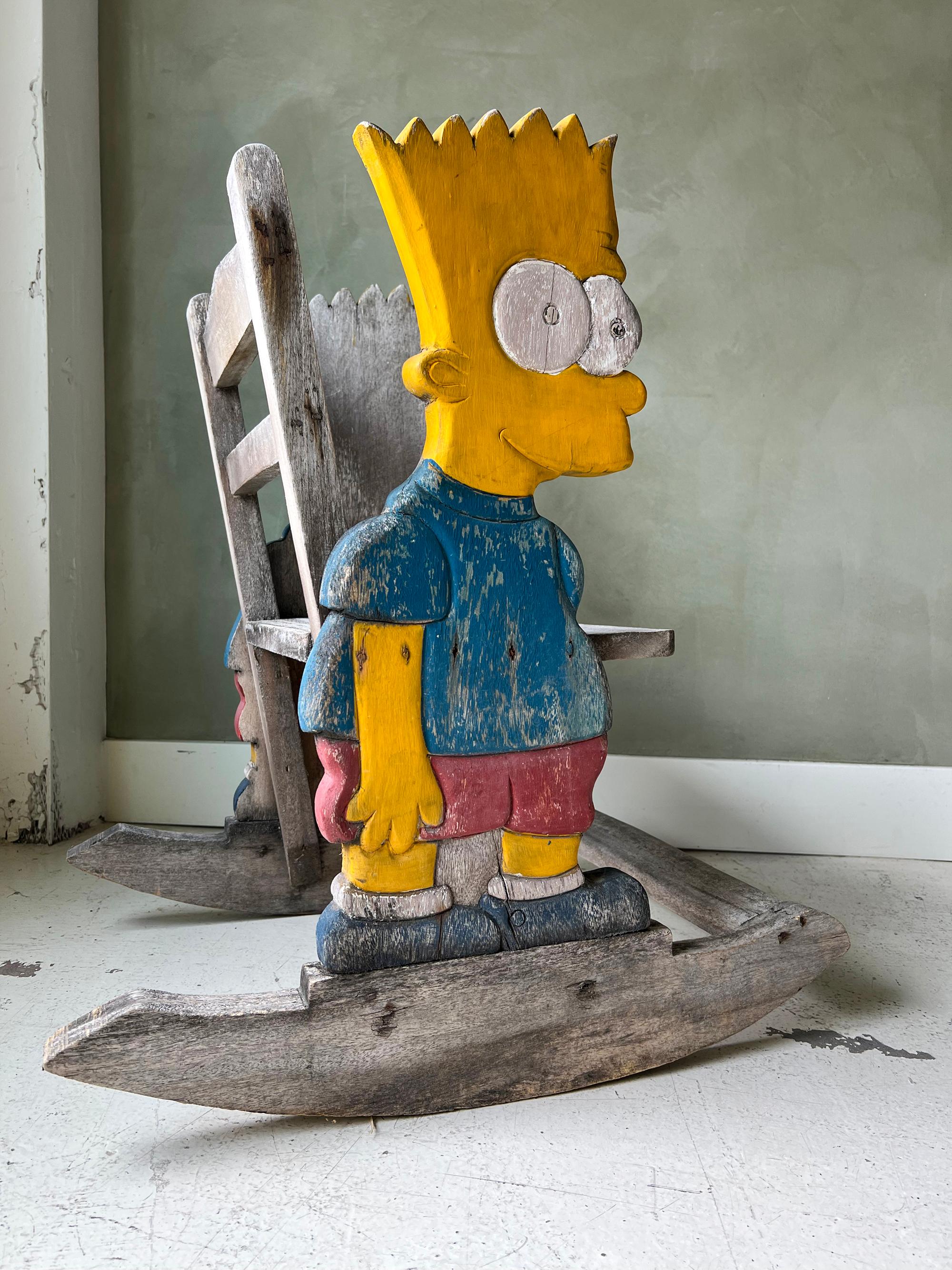 Hand-Crafted Vintage Handmade Bart Simpson Child Rocking Chairs Folk Art - Pair For Sale