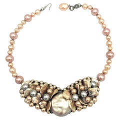 Vintage handmade necklace by Louis Rousselet Paris 1950s silver rose faux pearls
