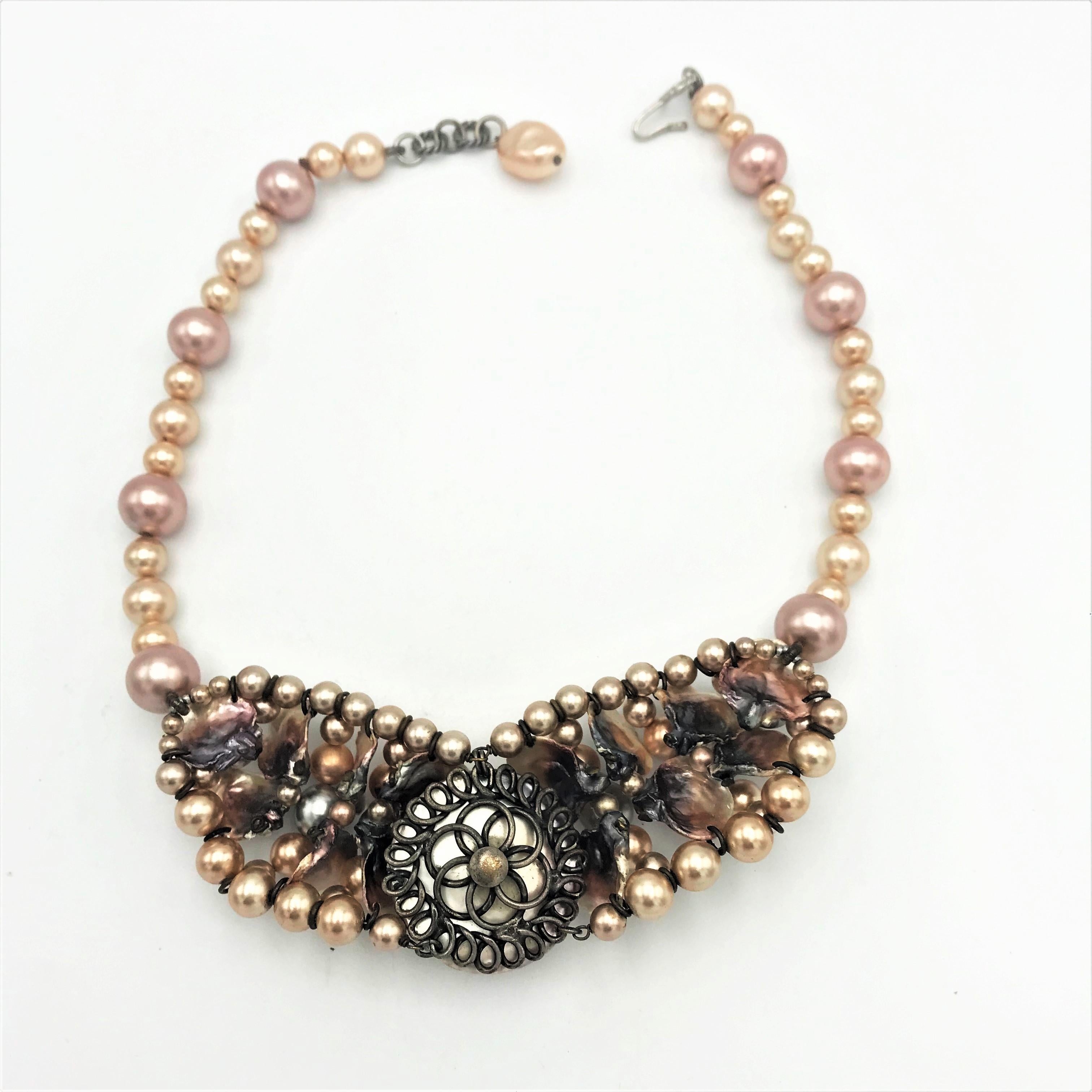 Artisan Vintage handmade necklace by Louis Rousselet Paris 1950s silver rose faux pearls For Sale