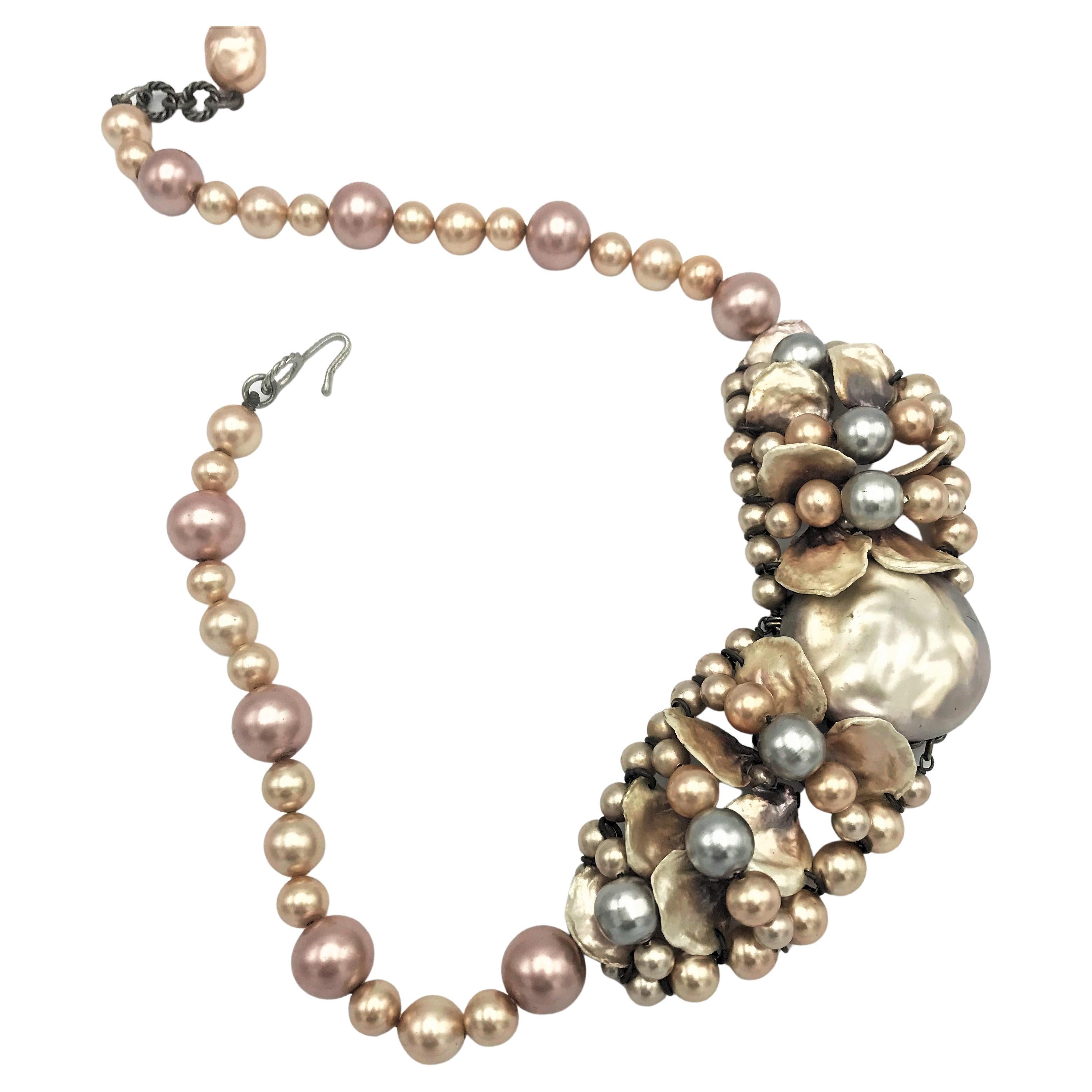 Vintage handmade necklace by Louis Rousselet Paris 1950s silver rose faux pearls For Sale