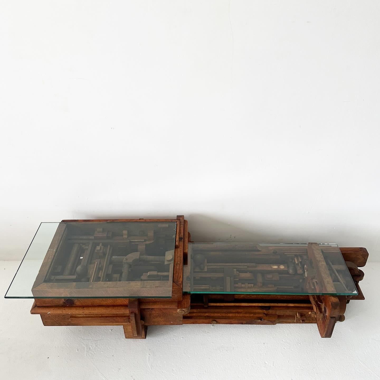 American Craftsman vintage handmade bi-level low coffee table For Sale