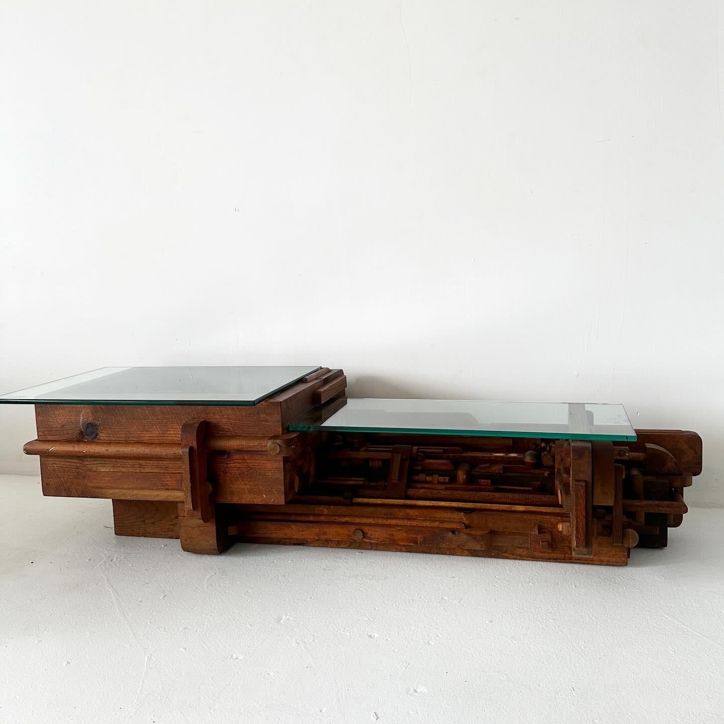 American vintage handmade bi-level low coffee table For Sale
