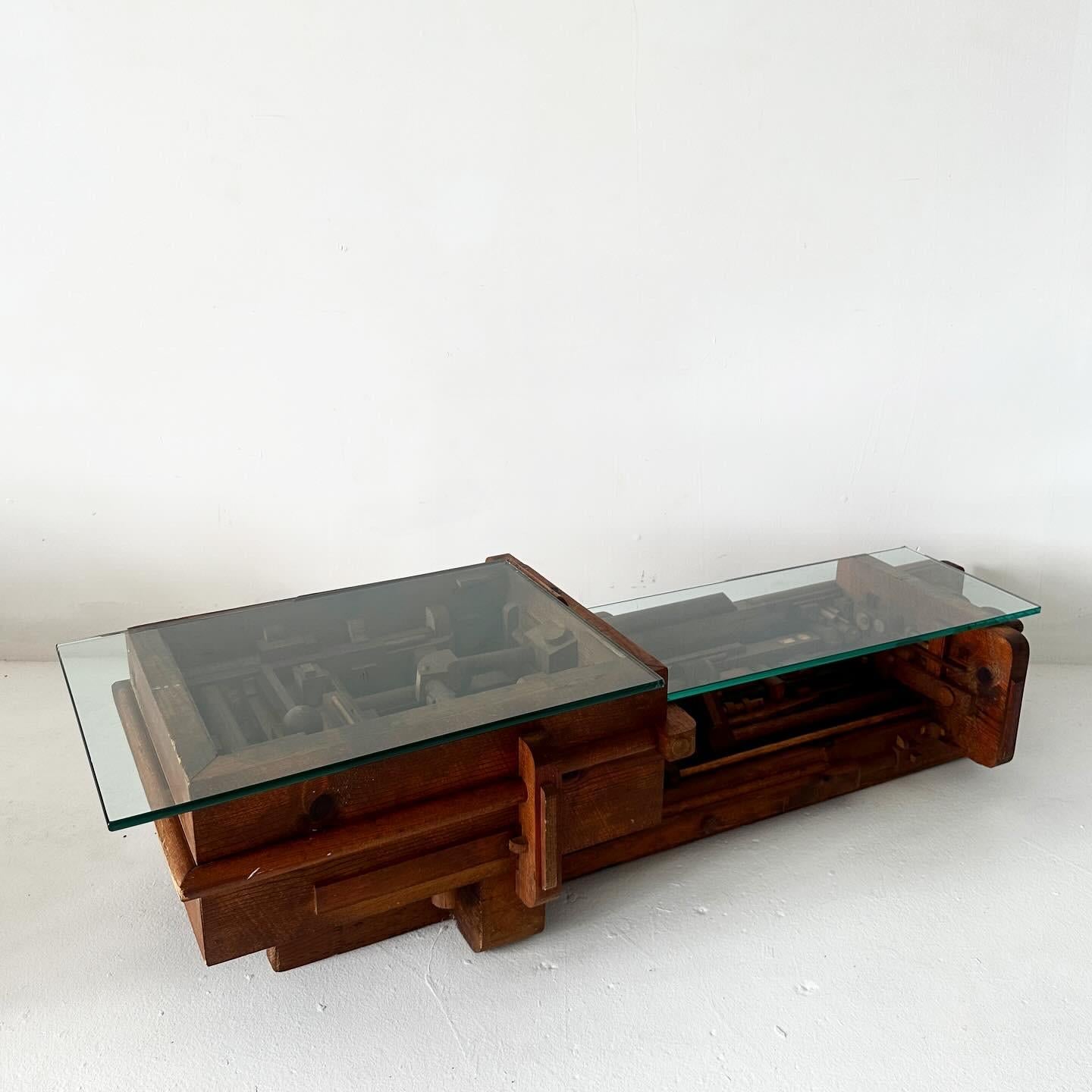 vintage handmade bi-level low coffee table In Good Condition For Sale In Los Angeles, CA
