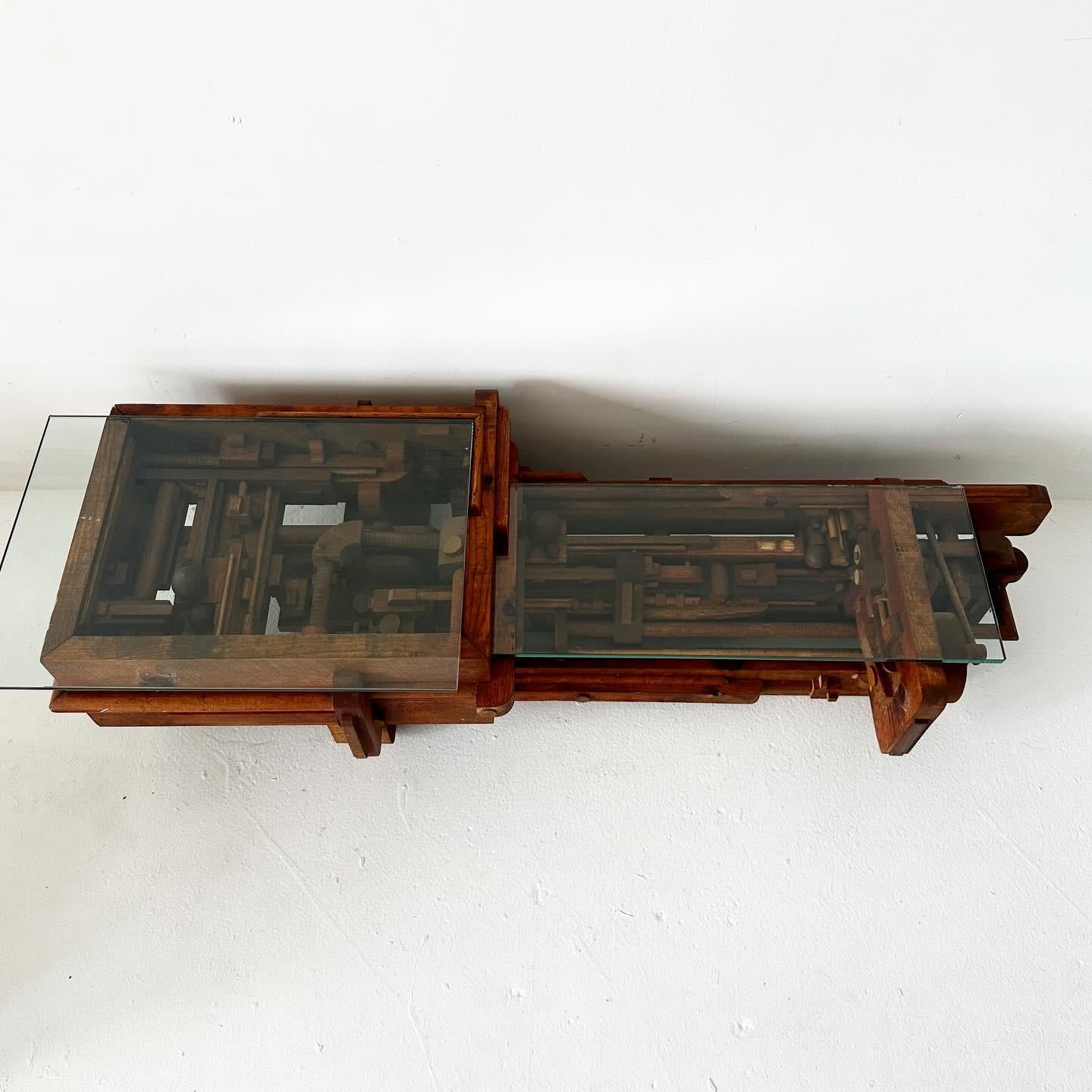 20th Century vintage handmade bi-level low coffee table For Sale