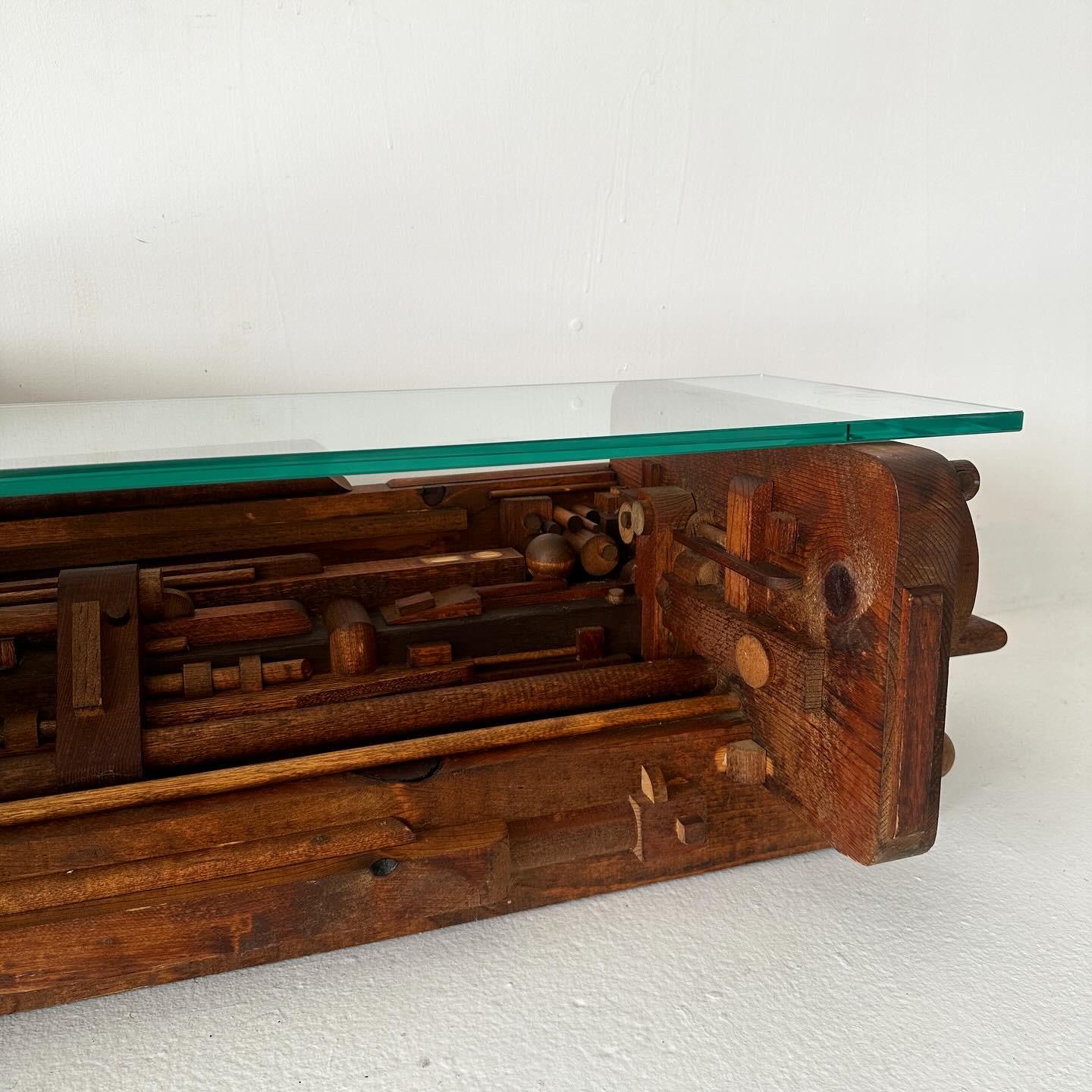 Wood vintage handmade bi-level low coffee table For Sale