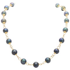 Vintage Handmade Black Pearl and 14 Karat Gold Necklace