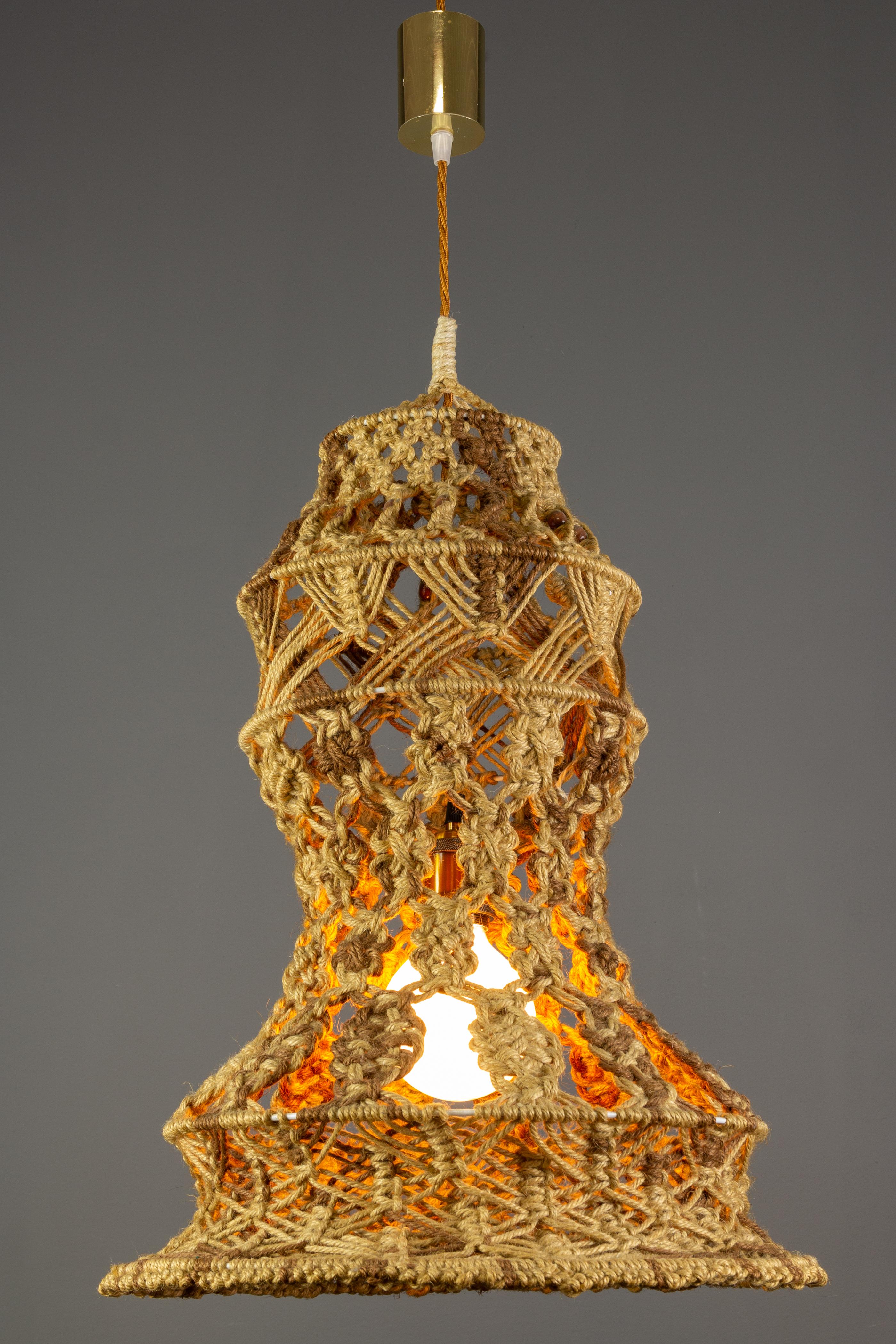 Mid-Century Modern Vintage Handmade Braided Macramé Pendant Light Fixture, 1970s For Sale