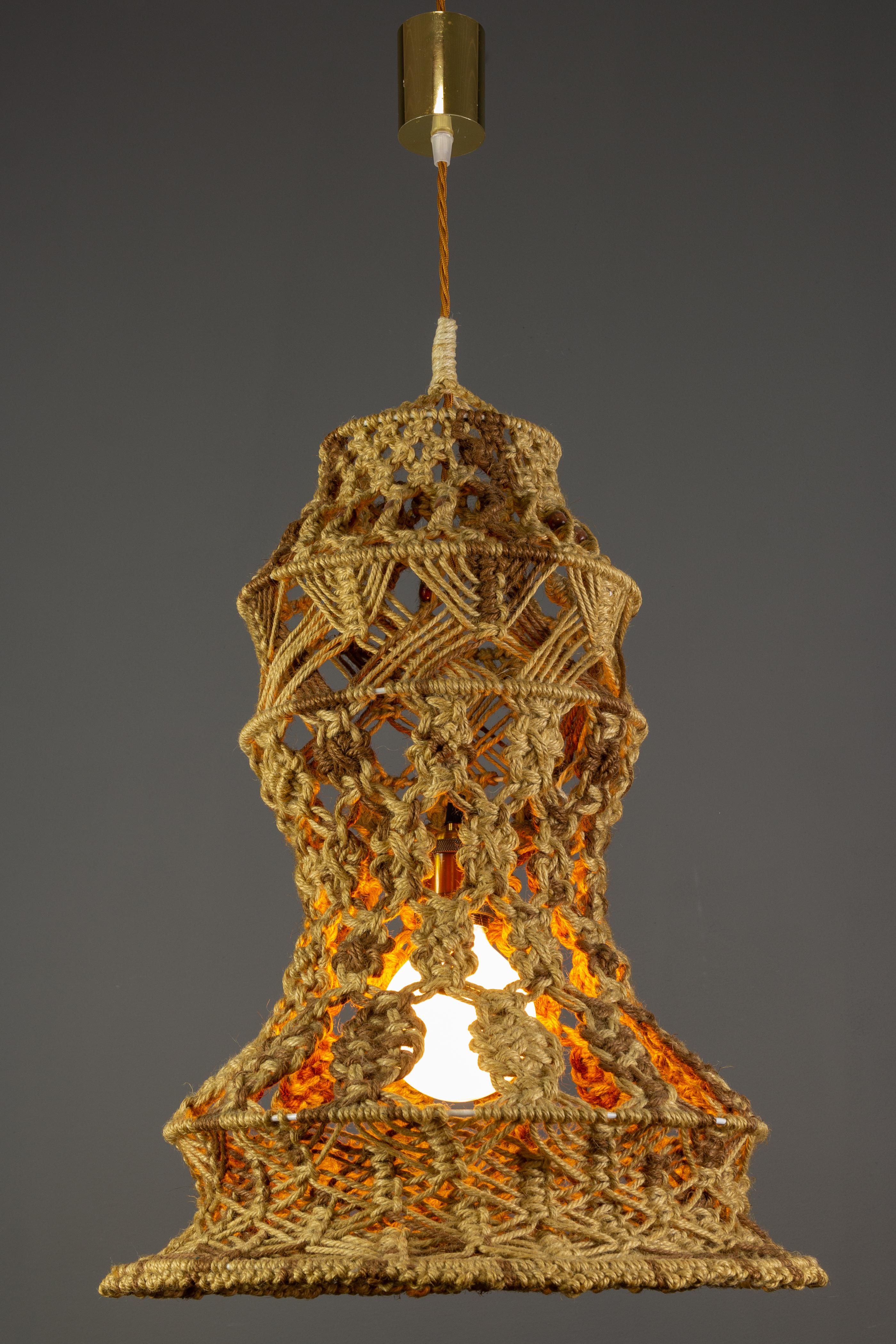 German Vintage Handmade Braided Macramé Pendant Light Fixture, 1970s For Sale