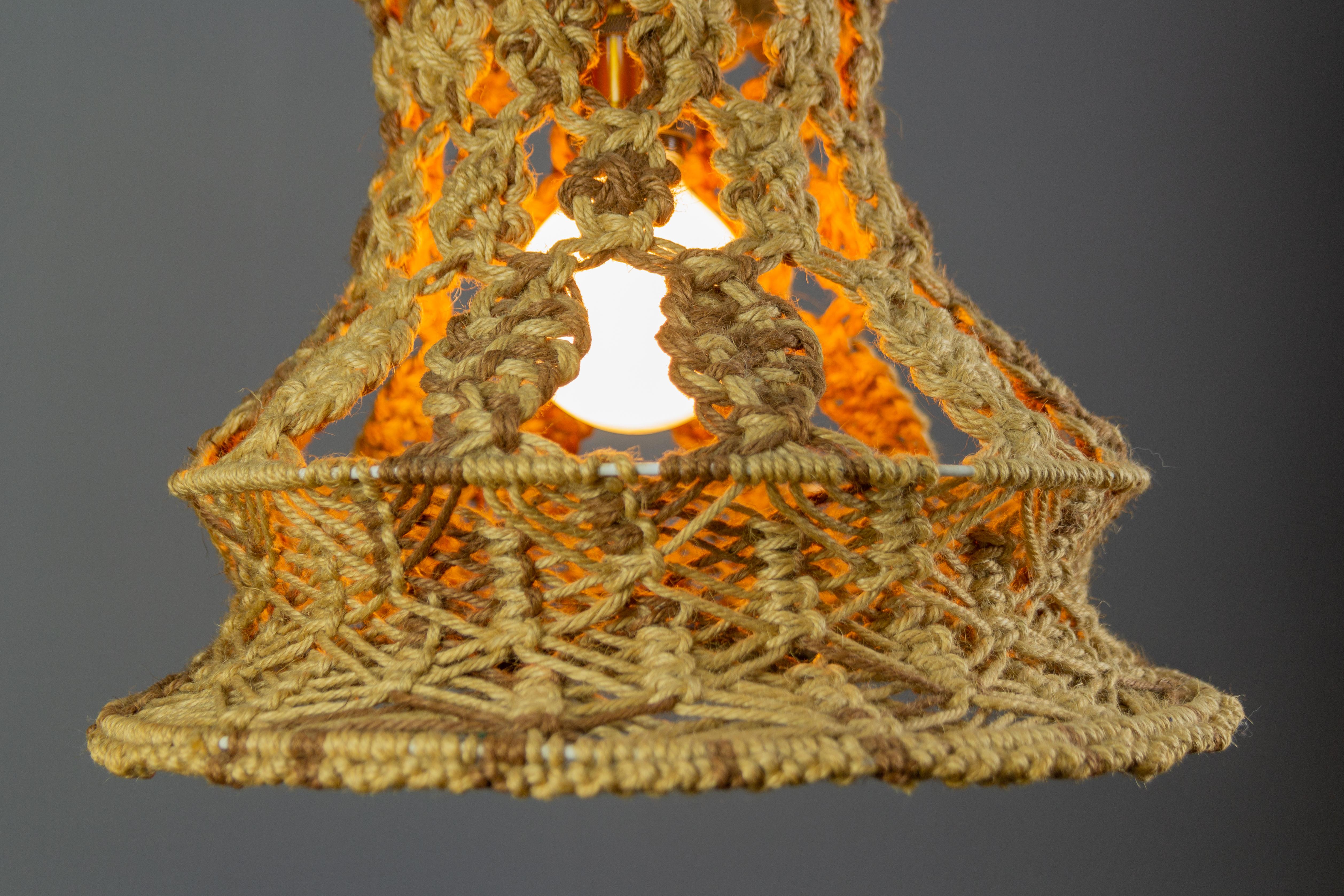 Jute Vintage Handmade Braided Macramé Pendant Light Fixture, 1970s For Sale