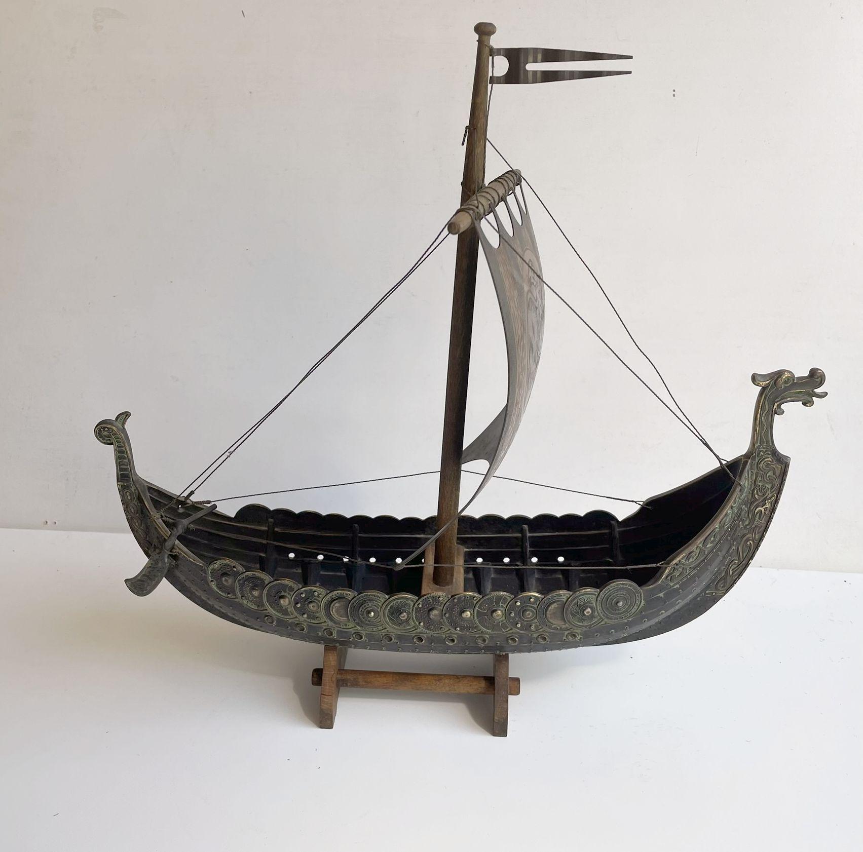 Primitive Vintage Handmade Bronze Viking Ship by Edward Aagaard for Copenhagen Iron Art For Sale