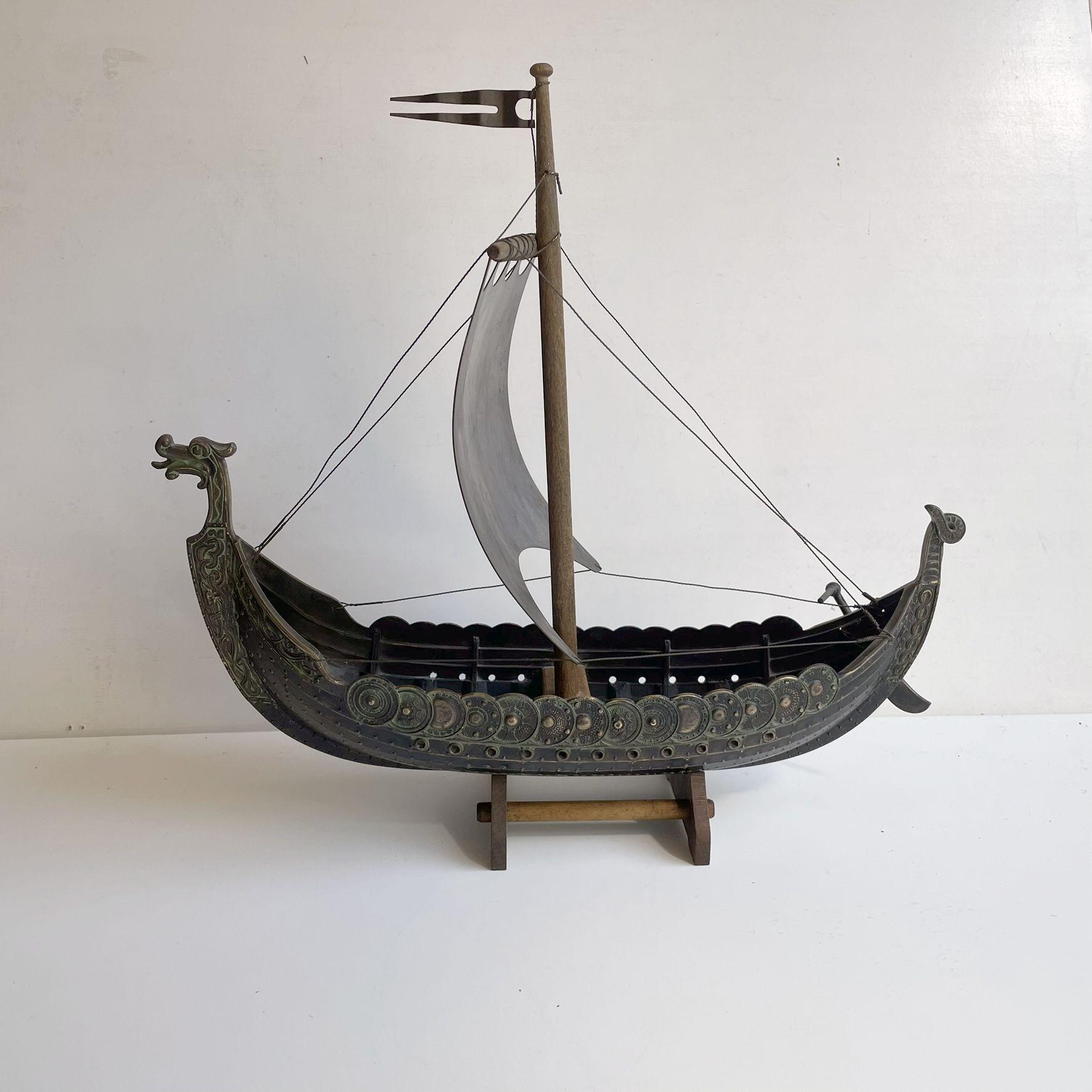 Danish Vintage Handmade Bronze Viking Ship by Edward Aagaard for Copenhagen Iron Art For Sale