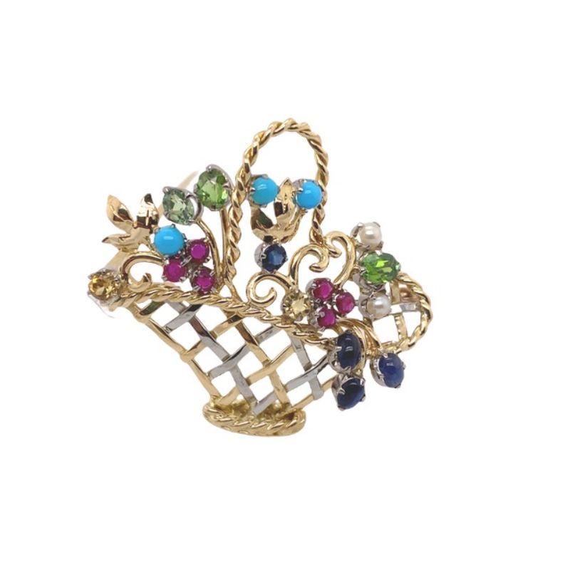 Vintage Handmade Brooch Set with Turquoise, Peridot, Ruby, Sapphire & Pearl In Excellent Condition For Sale In London, GB