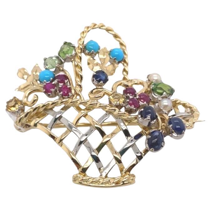 Vintage Handmade Brooch Set with Turquoise, Peridot, Ruby, Sapphire & Pearl For Sale