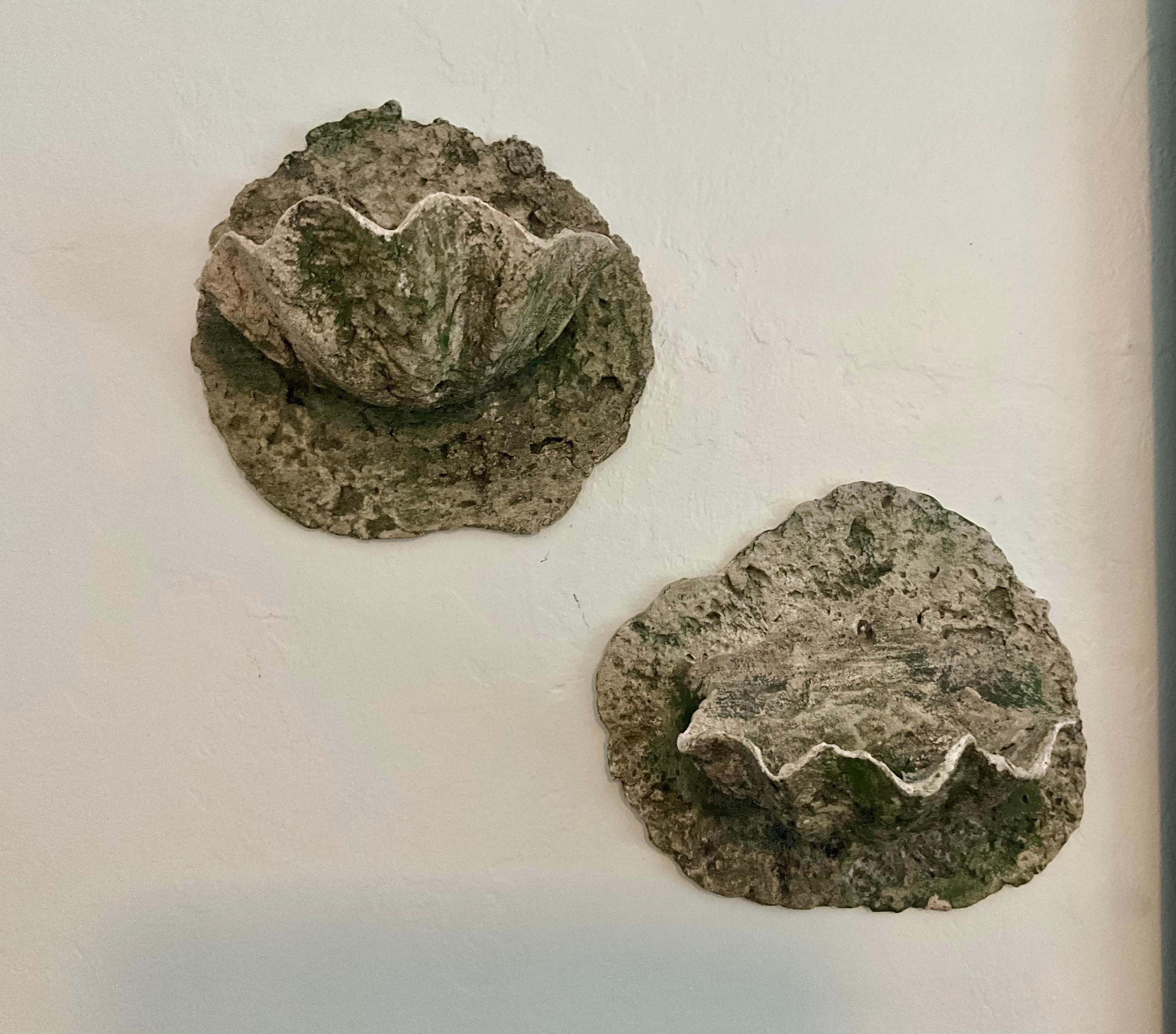 Hollywood Regency Vintage Handmade Cast Stone Concrete Wall Planters - Clam Shell Design For Sale
