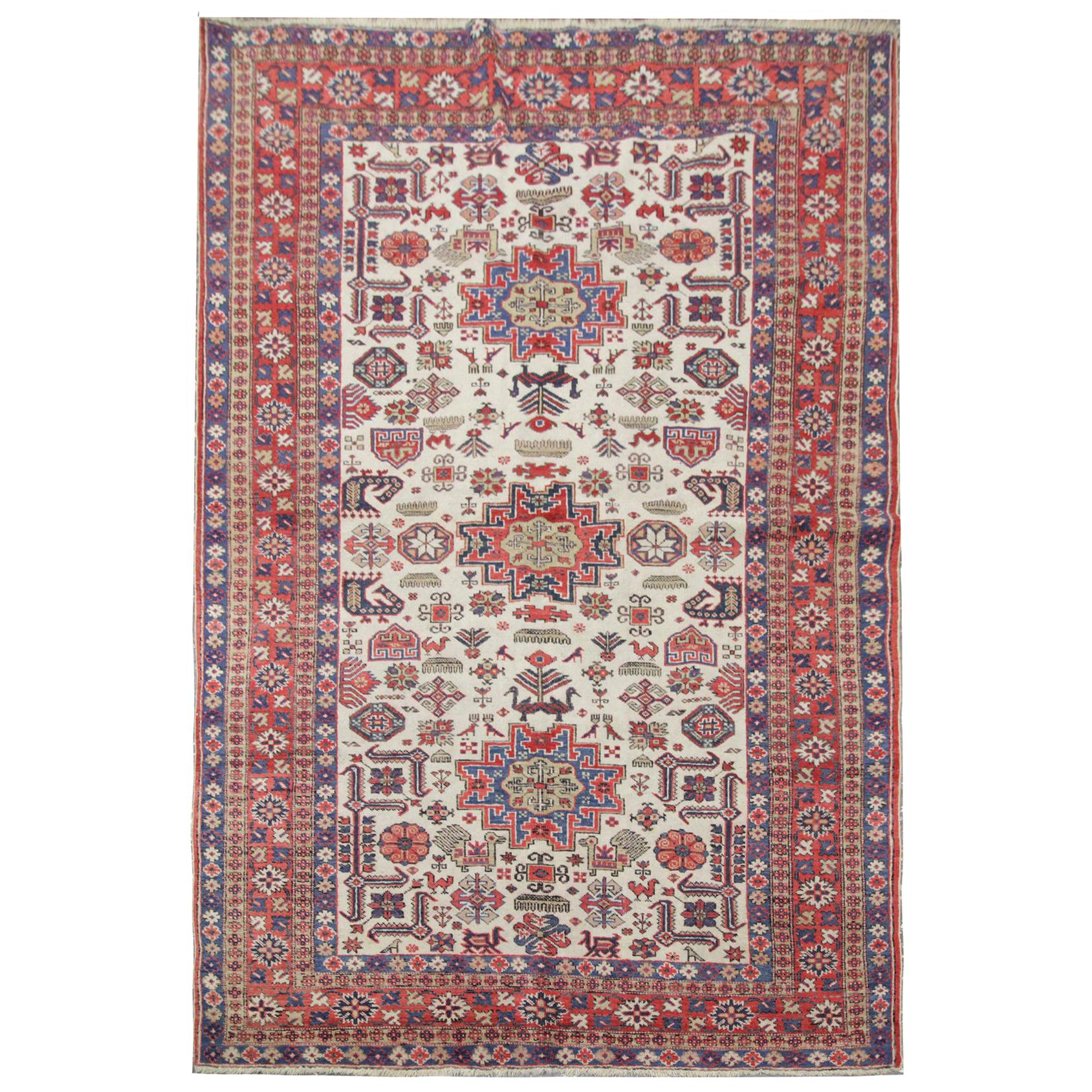 Vintage Handmade Caucasian Carpet, Multicolored Wool Rug for Living Room