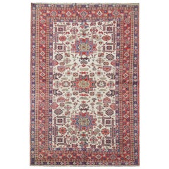 Vintage Handmade Caucasian Carpet, Multicolored Wool Rug for Living Room