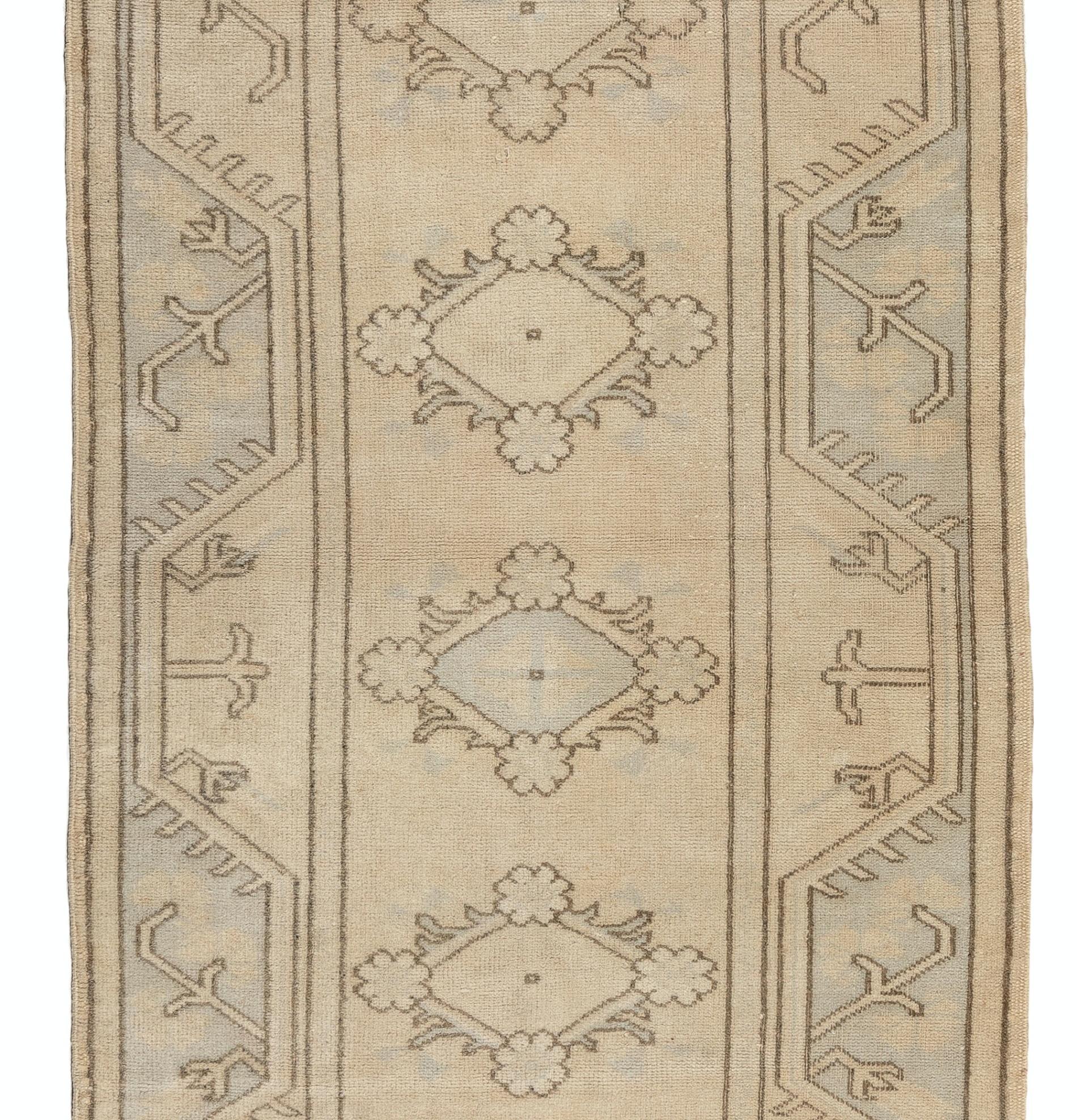 Mid-Century Modern 2.8x9 Ft Vintage Hand-Knotted Turkish Runner Rug in Soft, Neutral Colors