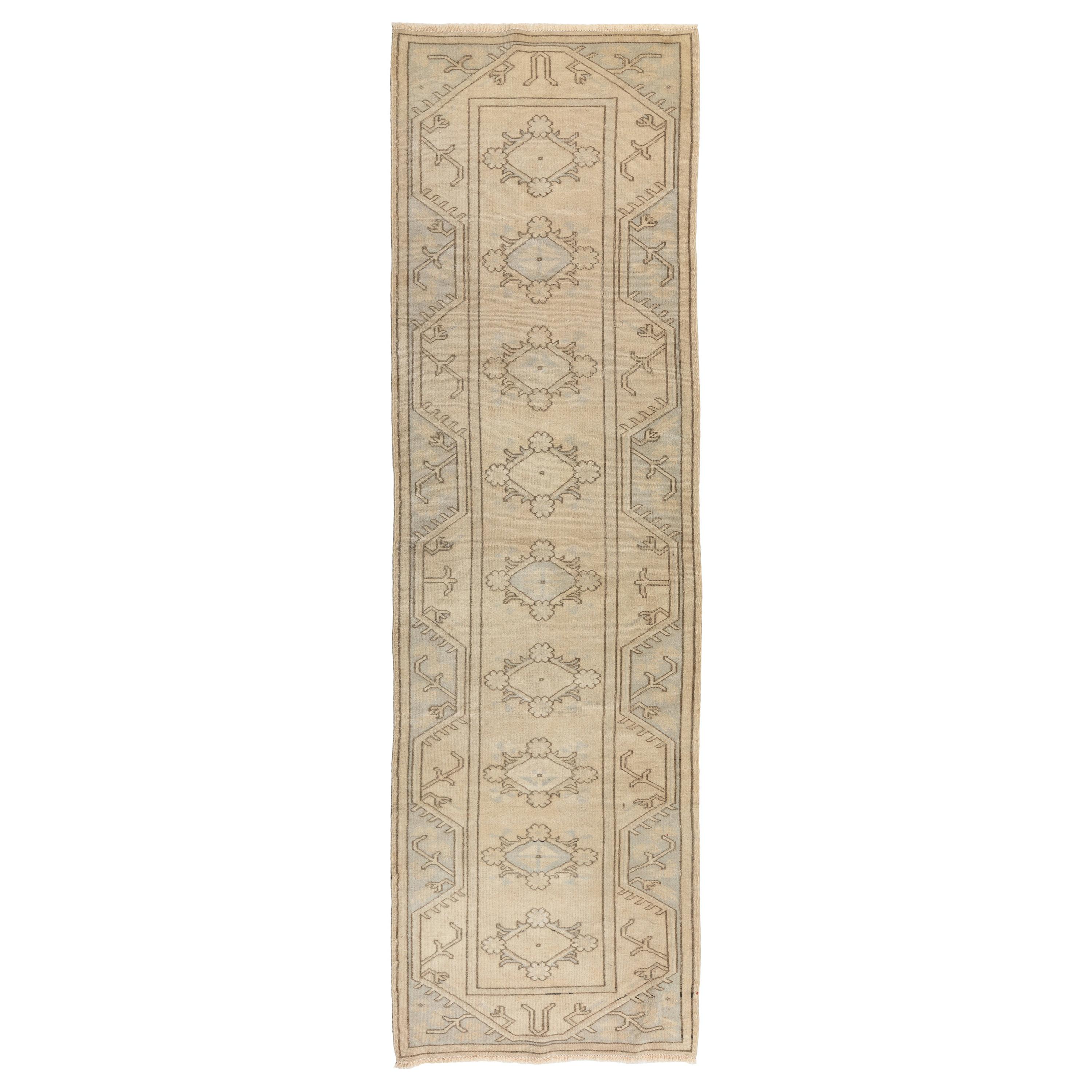 2.8x9 Ft Vintage Hand-Knotted Turkish Runner Rug in Soft, Neutral Colors