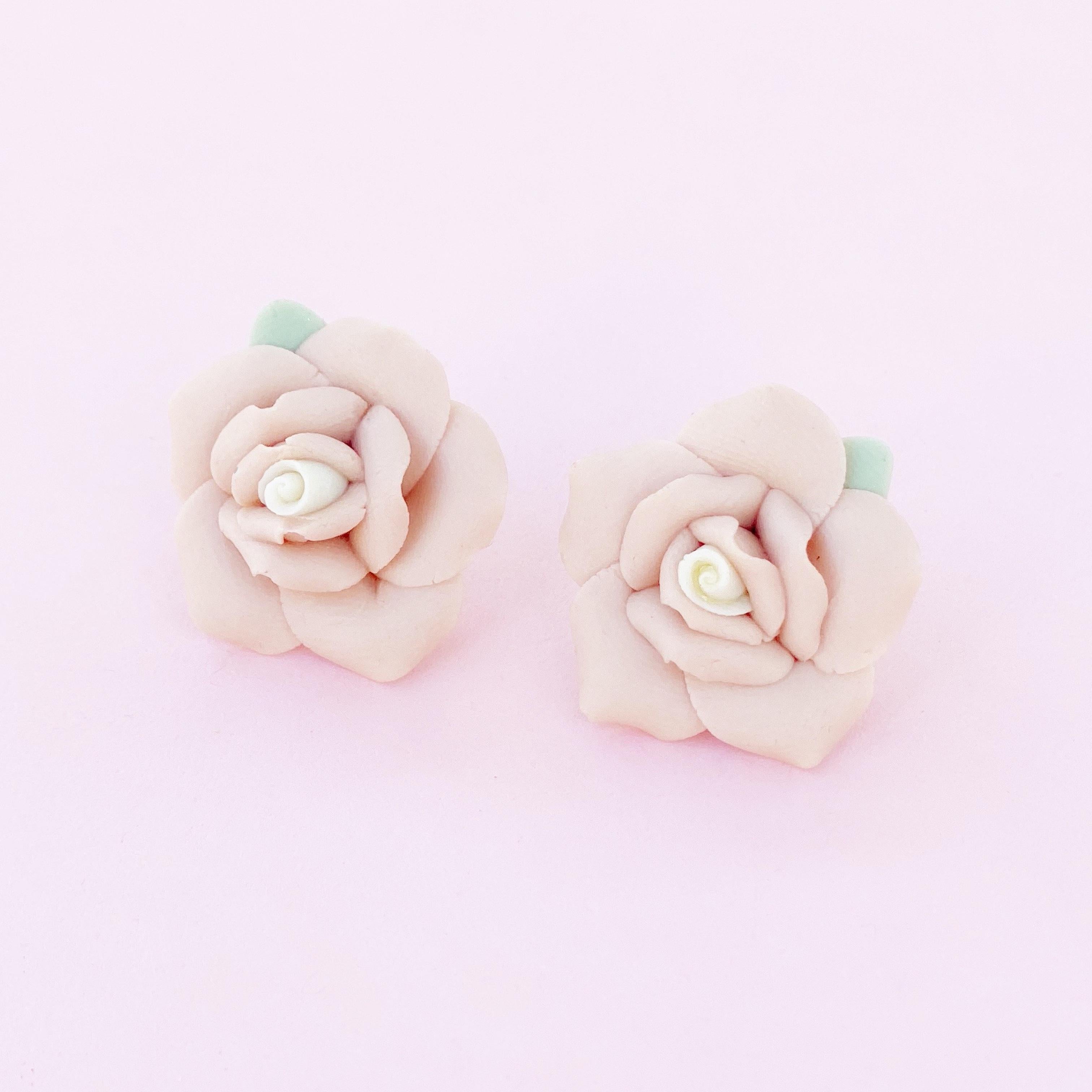 Modern Vintage Handmade Ceramic Bisque Pink Rose Figural Earrings, 1960s