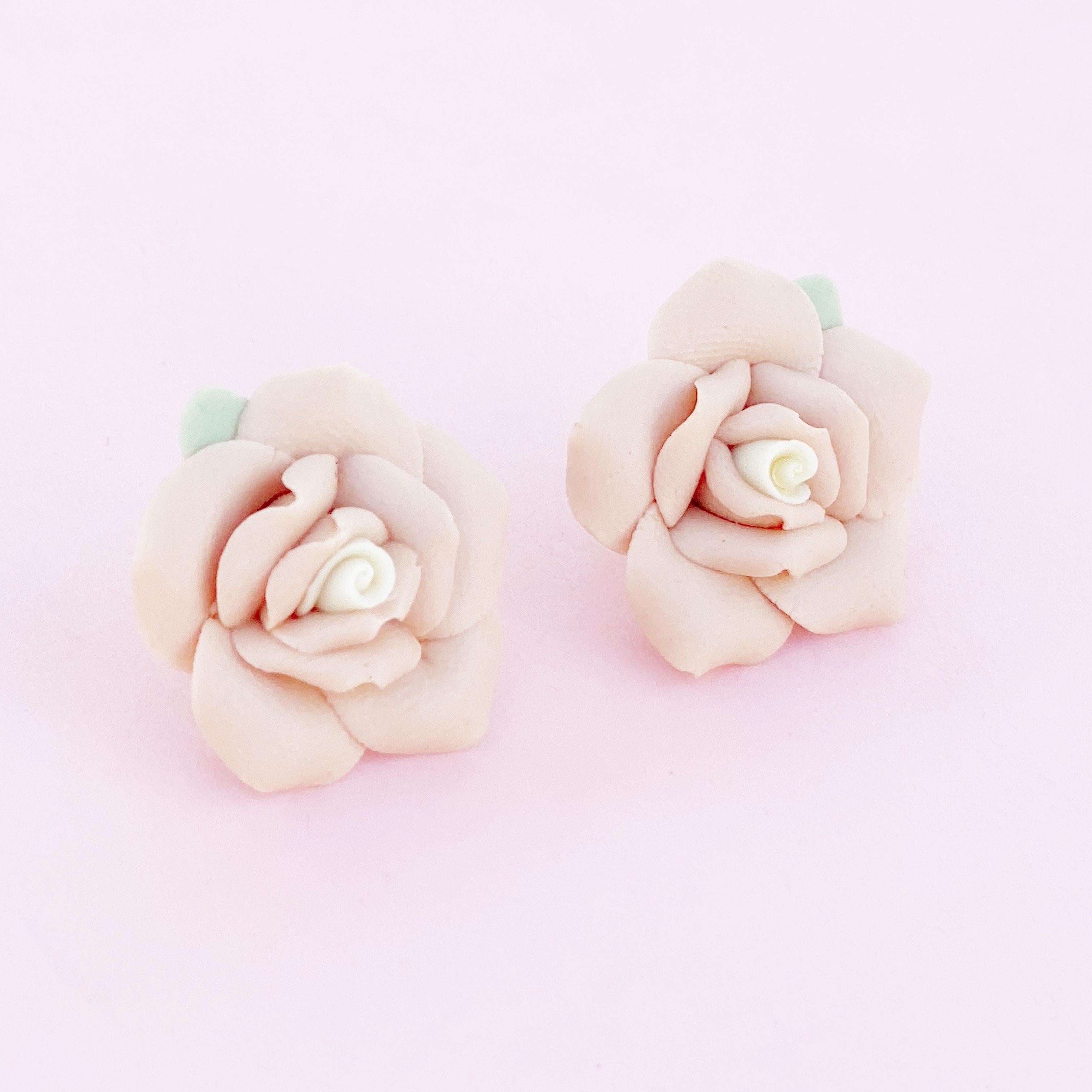 Vintage Handmade Ceramic Bisque Pink Rose Figural Earrings, 1960s In Good Condition In McKinney, TX