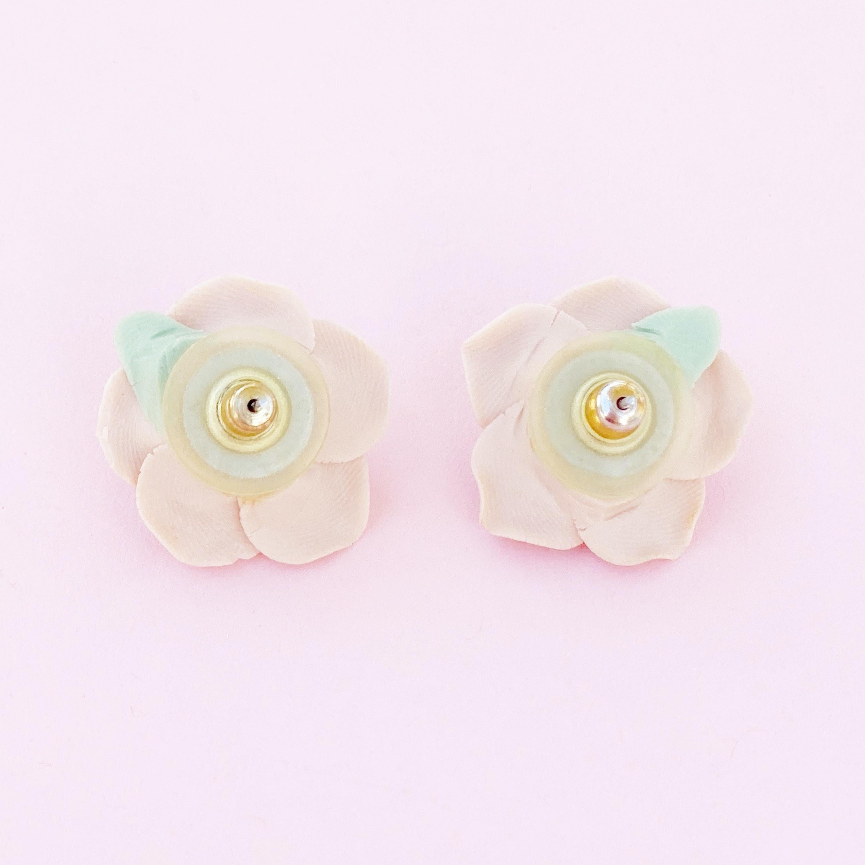 Women's Vintage Handmade Ceramic Bisque Pink Rose Figural Earrings, 1960s