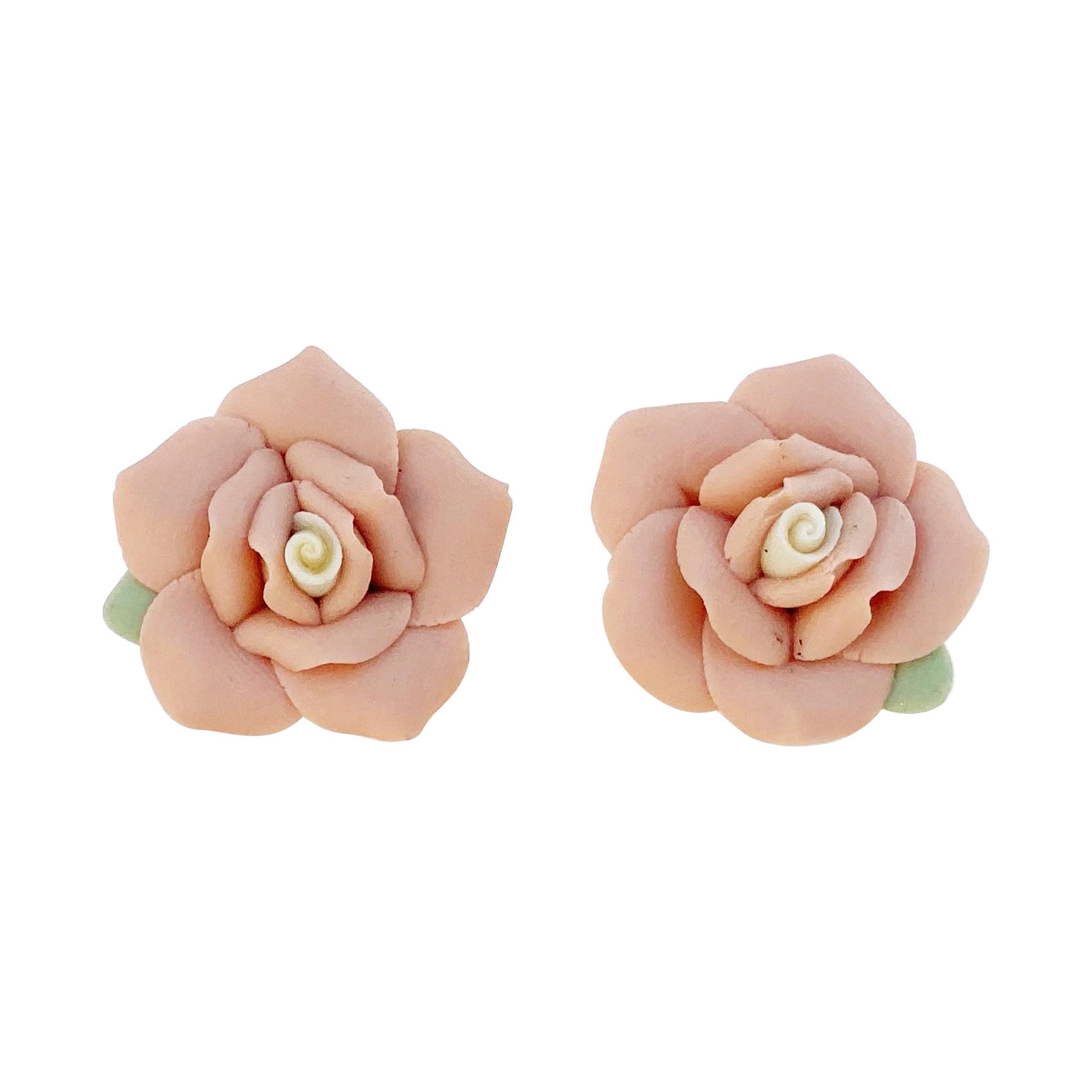 Vintage Handmade Ceramic Bisque Pink Rose Figural Earrings, 1960s