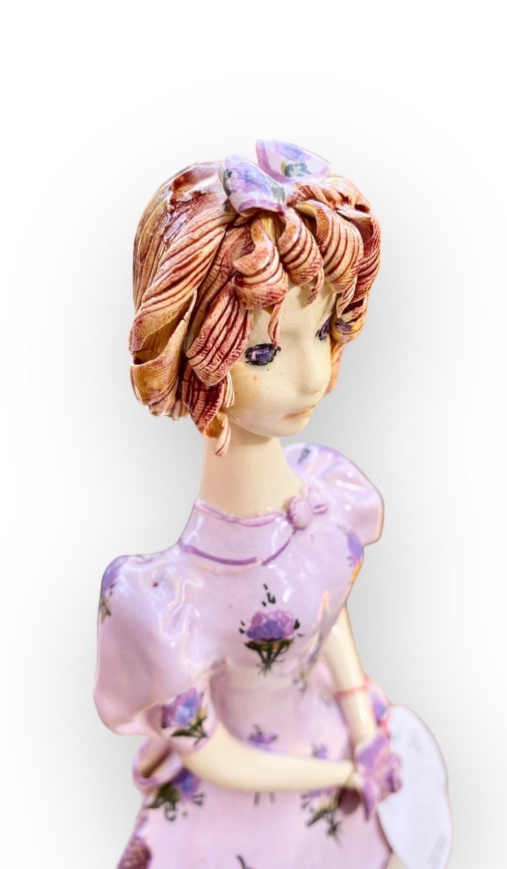Hand-Painted Vintage Handmade Ceramic Figure of a Young French Girl Holding a Rose  For Sale