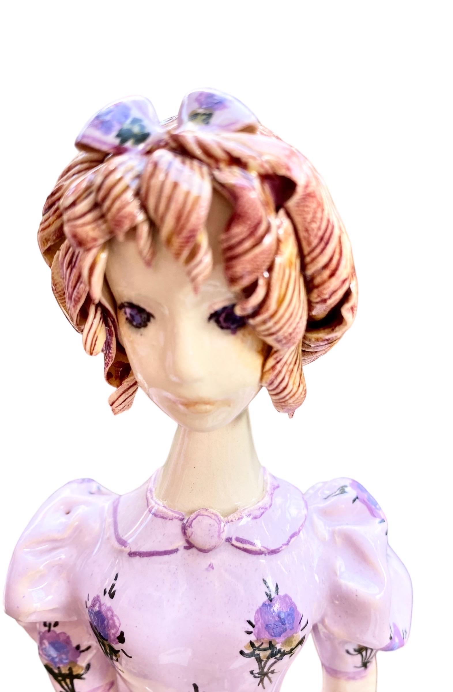 Vintage Handmade Ceramic Figure of a Young French Girl Holding a Rose For Sale 1