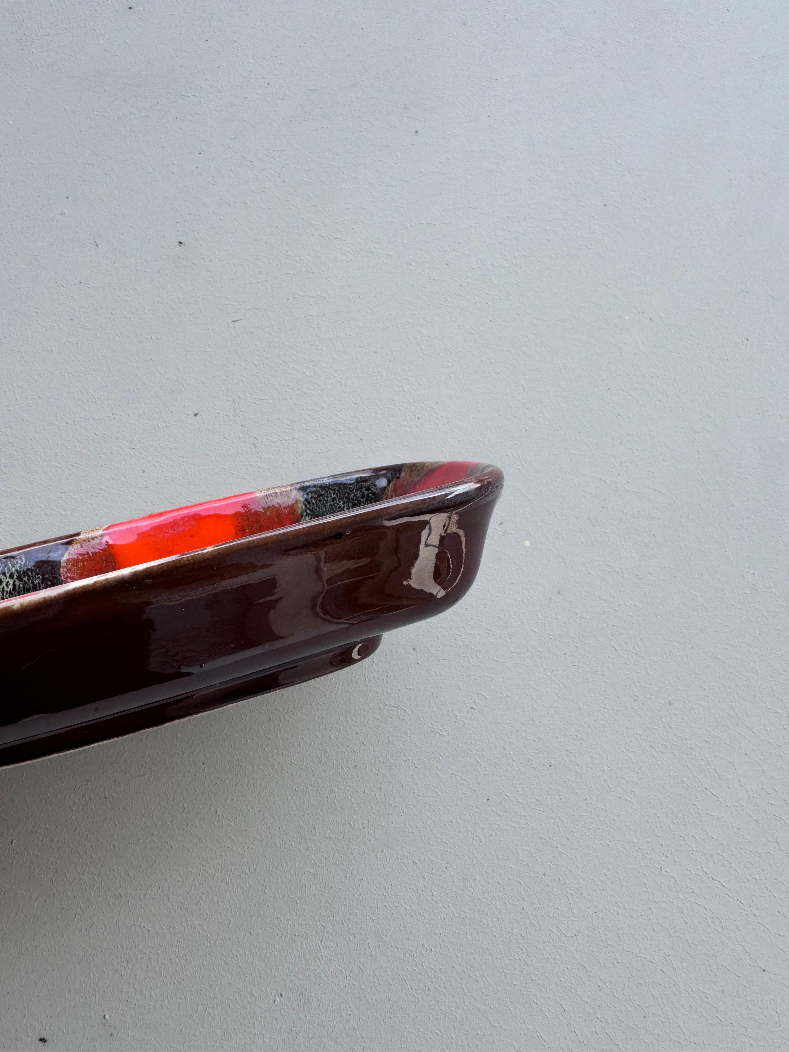 Hand-Painted Vintage Handmade Italian Ceramic Tray, Brown, Red and Orange, 1960's Collectible For Sale