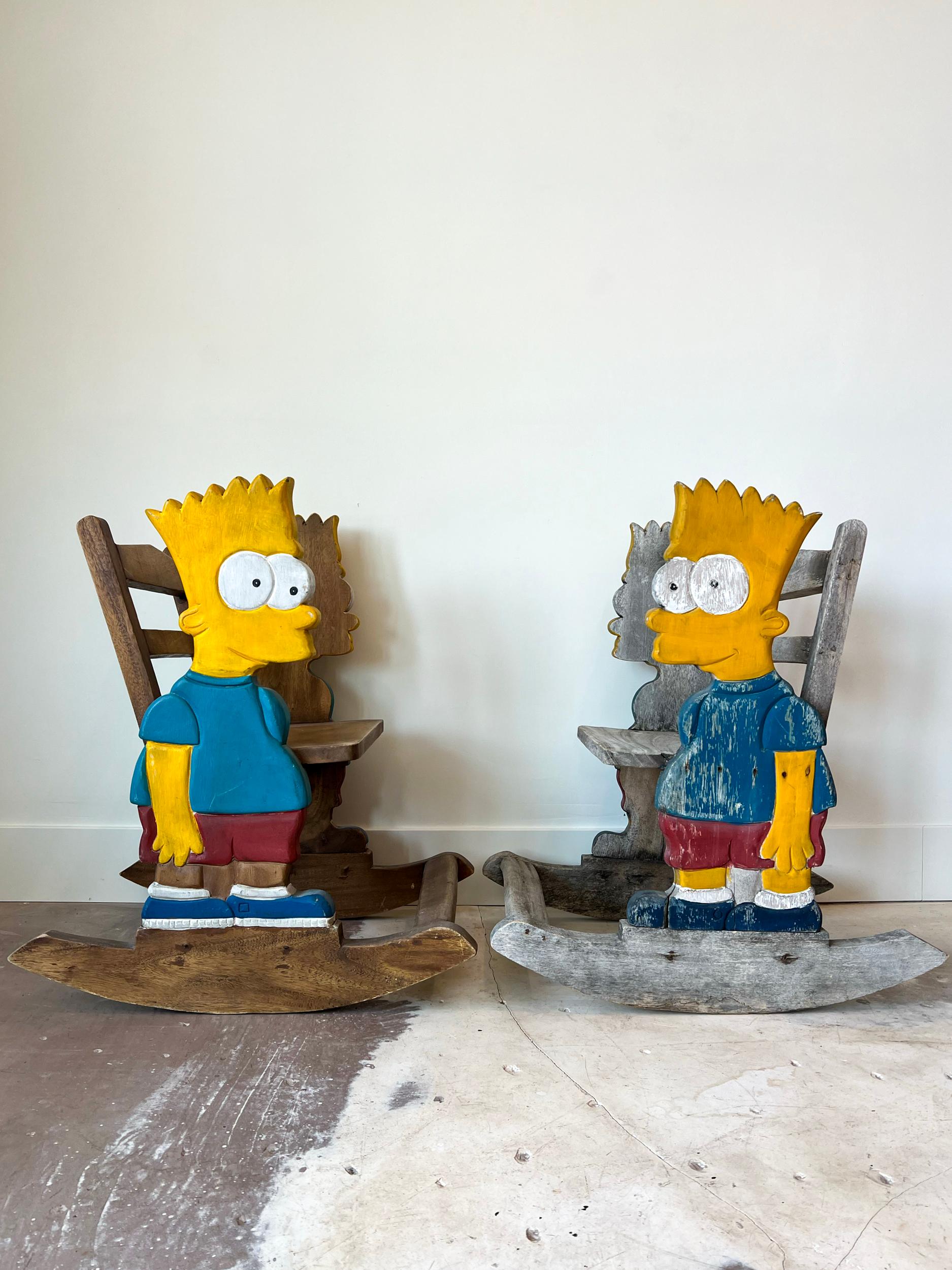 Sold as a pair, handmade child size Bart Simpson rocking chairs. Unique chairs that have been hand-painted and thoughtfully designed. Chairs are made of solid wood using square headed nails and solid construction. Fully functional and structurally