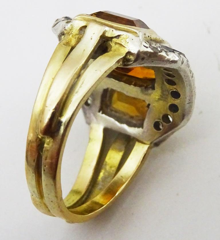 Vintage handmade Citrine and Diamond 18 karat Gold and Silver Ring In Excellent Condition For Sale In Jerusalem, IL