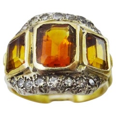 Bague vintage faite à la main en or et argent 18 carats avec citrine et diamants