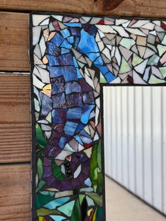 Vintage Handmade Coastal Mosaic Wall Mirror With Seahorse & Seashell Motif