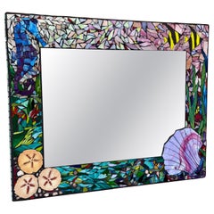 Vintage Handmade Coastal Mosaic Wall Mirror With Seahorse & Seashell Motif