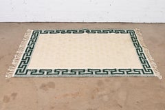 Vintage Handmade Cream and Green Greek Key Border Rug