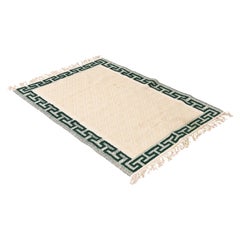 Vintage Handmade Cream and Green Greek Key Border Rug