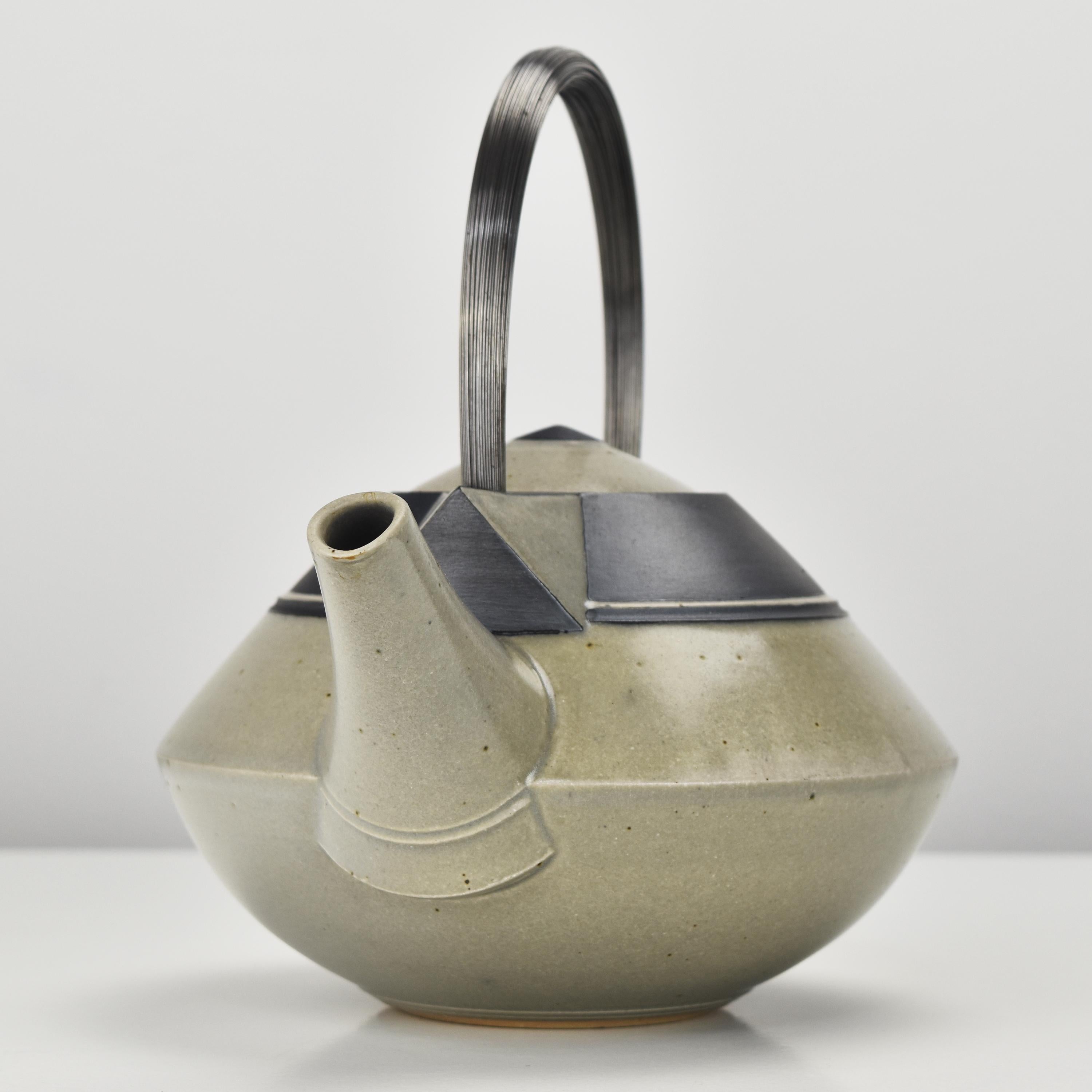 Post-Modern Vintage Handmade Cubist Studio Pottery Stoneware Tea Pot W. Inox Handle Artist? For Sale