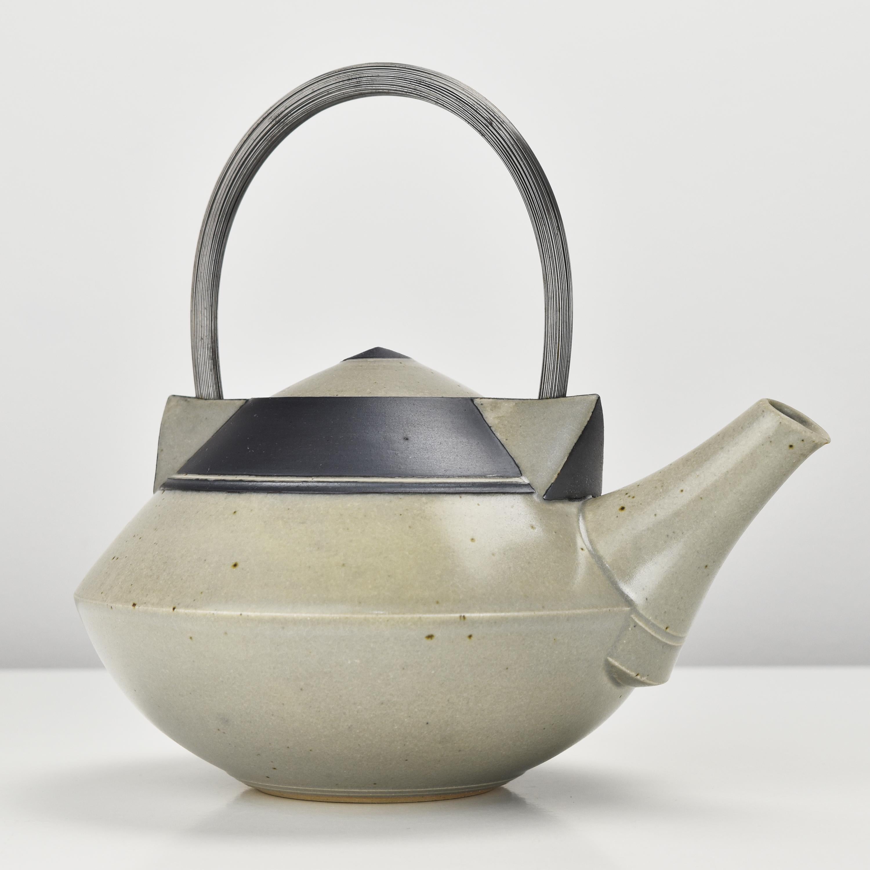 German Vintage Handmade Cubist Studio Pottery Stoneware Tea Pot W. Inox Handle Artist? For Sale