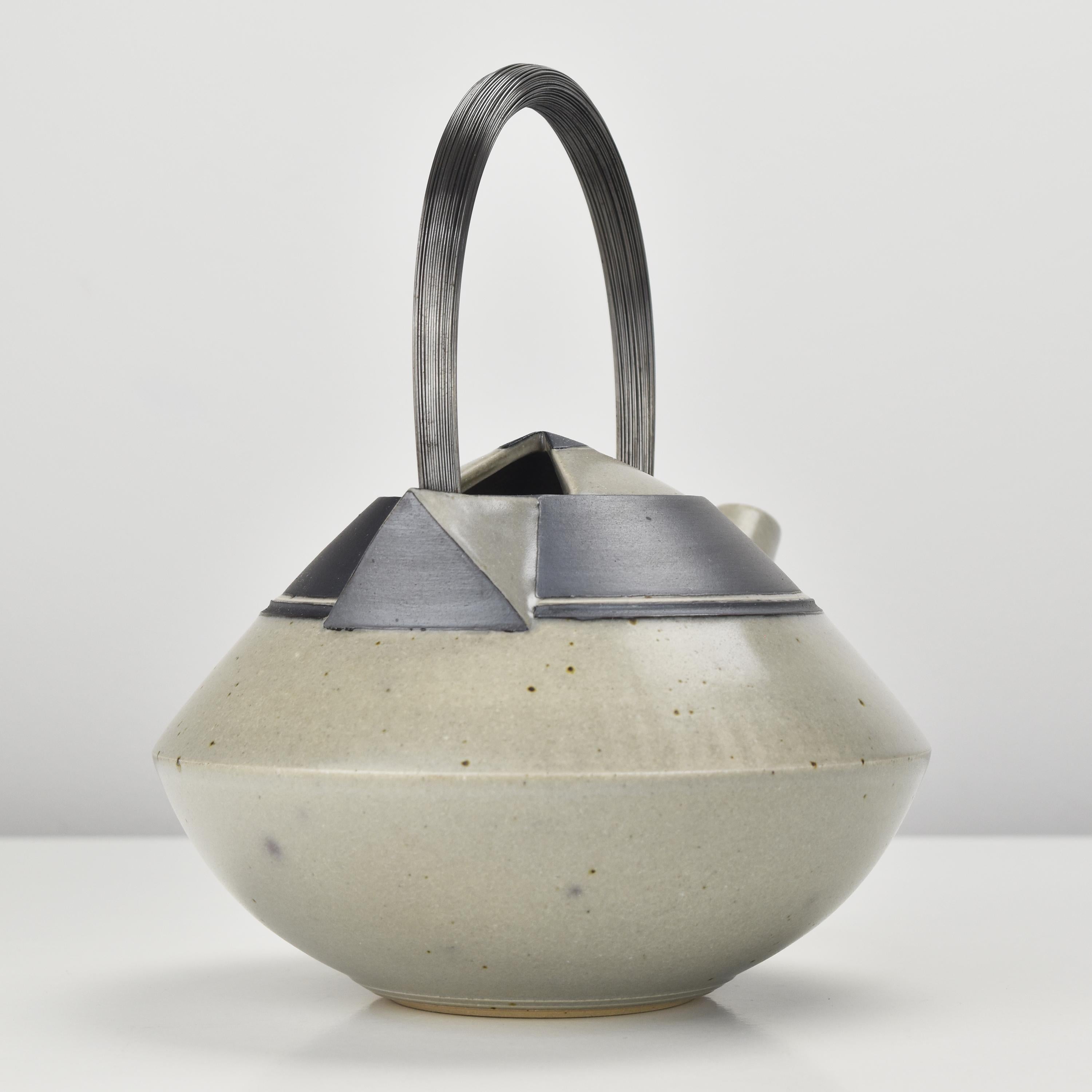 Glazed Vintage Handmade Cubist Studio Pottery Stoneware Tea Pot W. Inox Handle Artist? For Sale