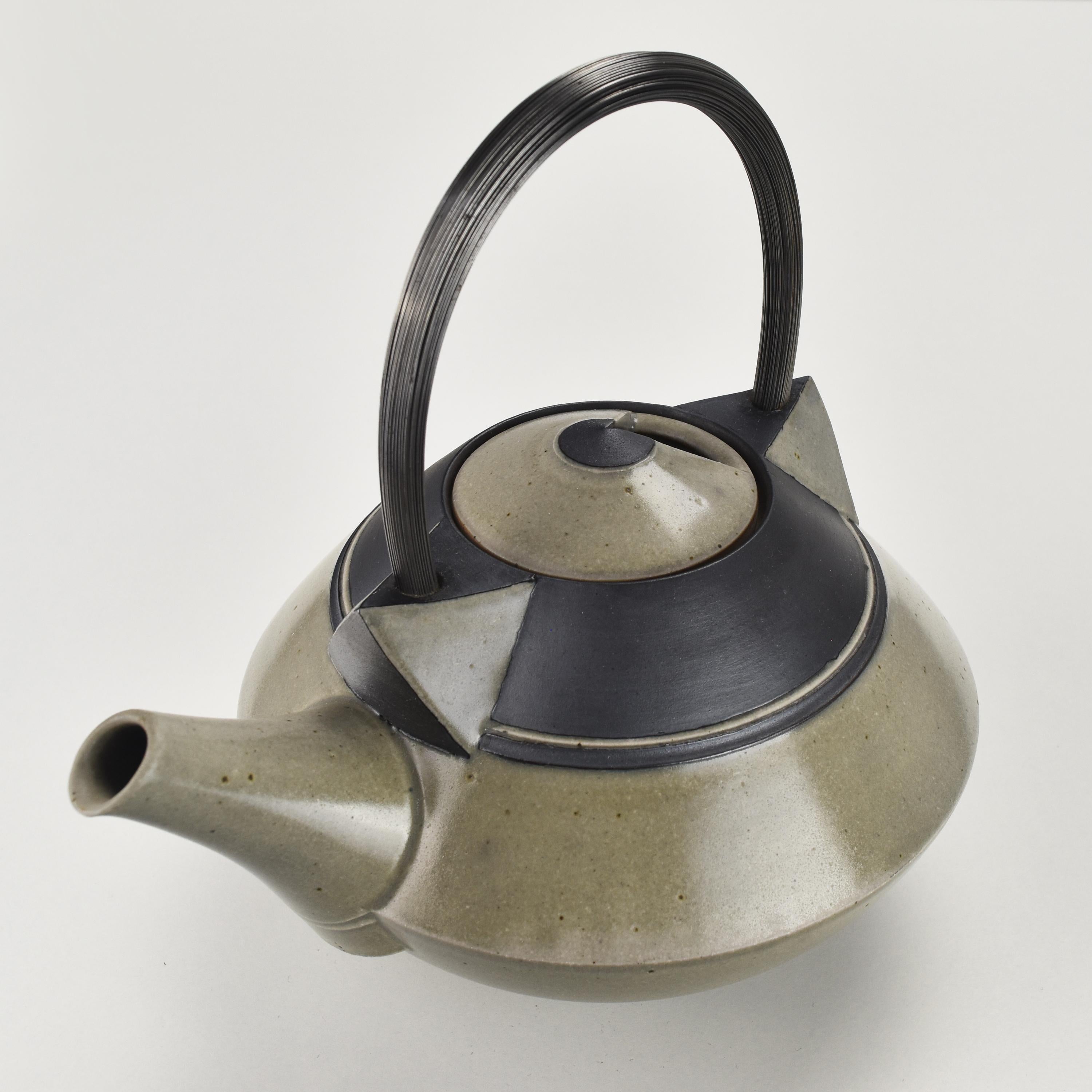 Late 20th Century Vintage Handmade Cubist Studio Pottery Stoneware Tea Pot W. Inox Handle Artist? For Sale